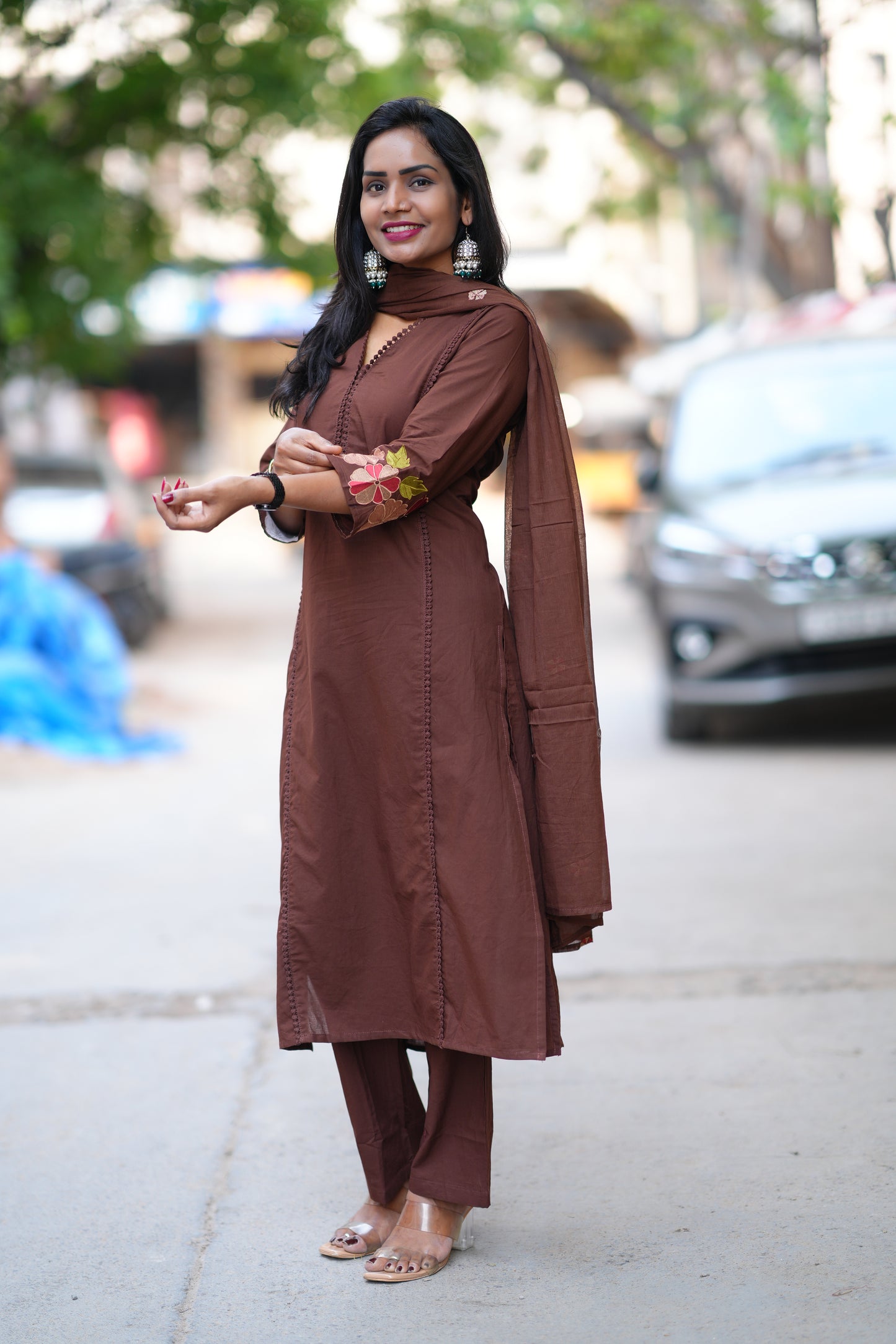 Brown Jaipur Cotton with Lace on Neck and Kurta and Heavy Embroidery on Sleeves