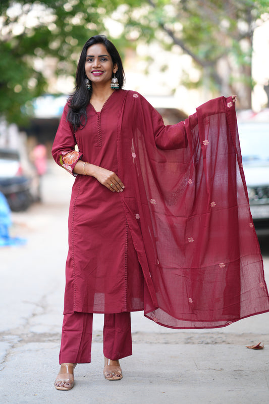 Red Jaipur Cotton with Lace on Neck and Kurta and Heavy Embroidery on Sleeves