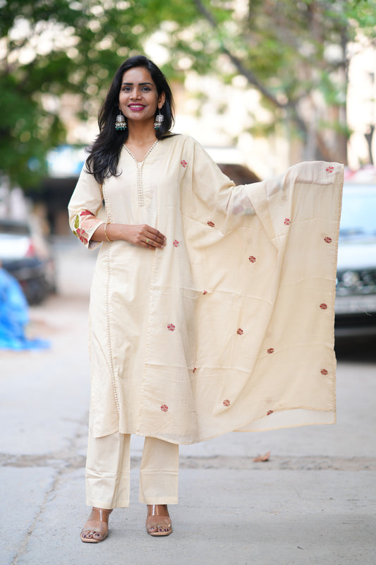 Cream Jaipur Cotton with Lace on Neck and Kurta and Heavy Embroidery on Sleeves
