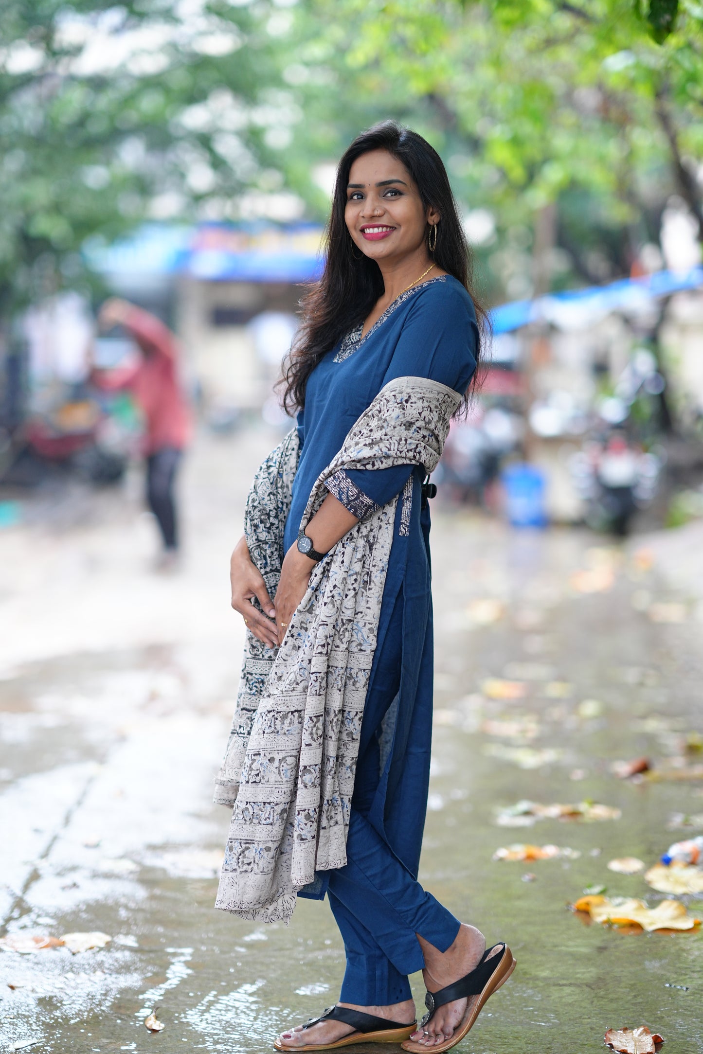 Blue Color Pure Jaipur Cotton V Neck Straight Cut With Kalamkari Dupatta