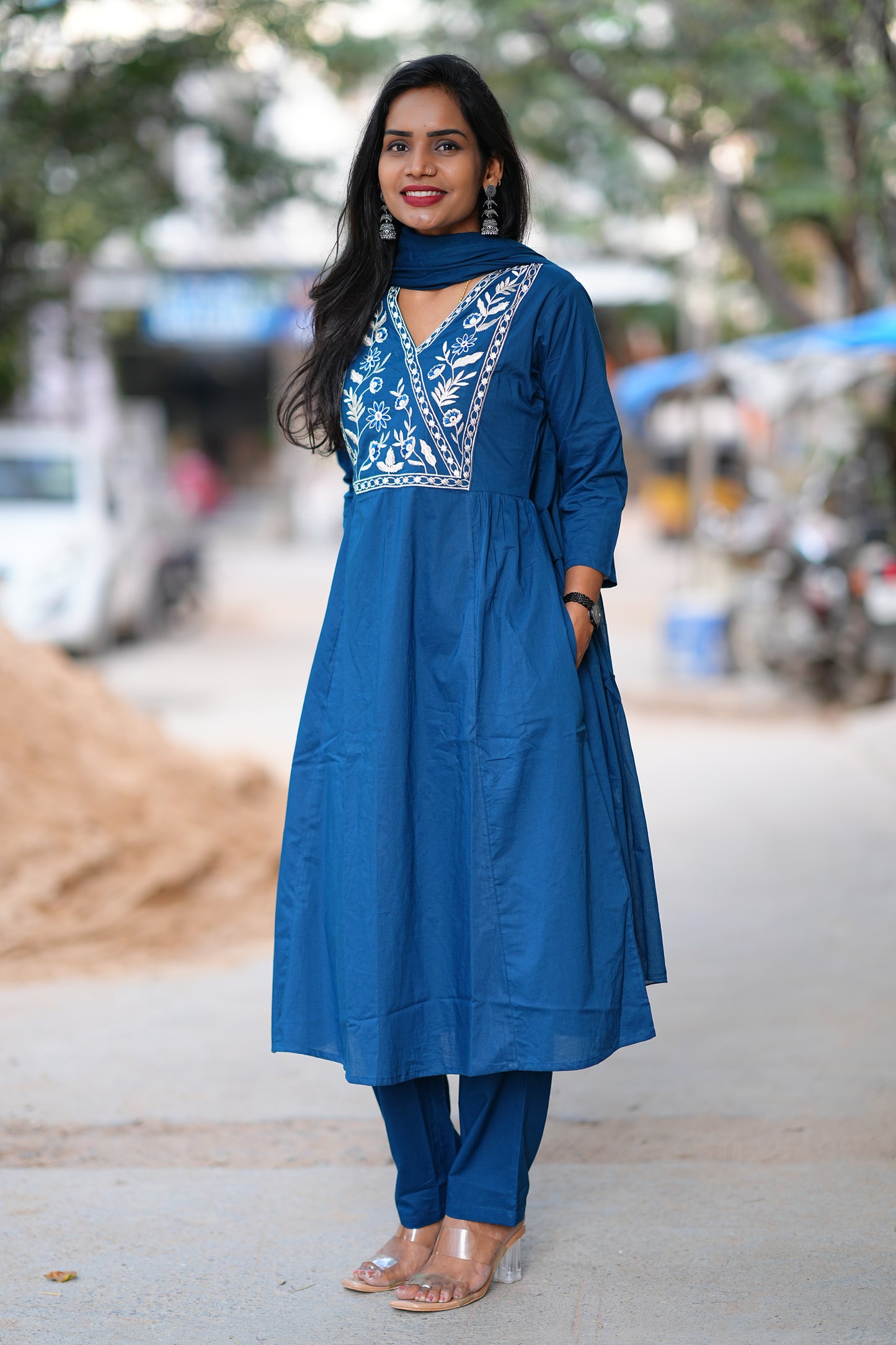 Pure 92.5 Cotton With Thread Embroidery Work anarkali 3 Piece Set