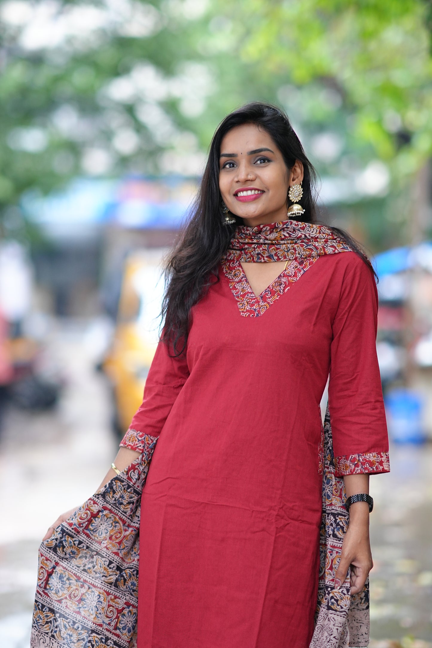 Red Color Pure Jaipur Cotton V Neck Straight Cut With Kalamkari Dupatta