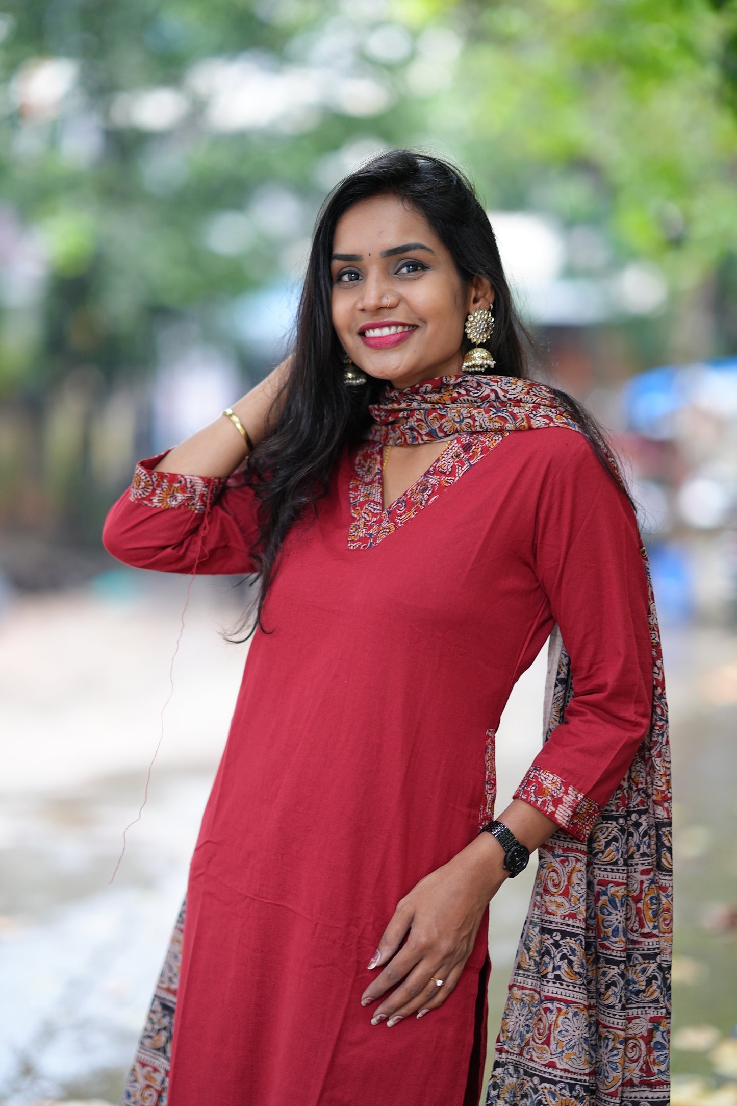 Red Color Pure Jaipur Cotton V Neck Straight Cut With Kalamkari Dupatta