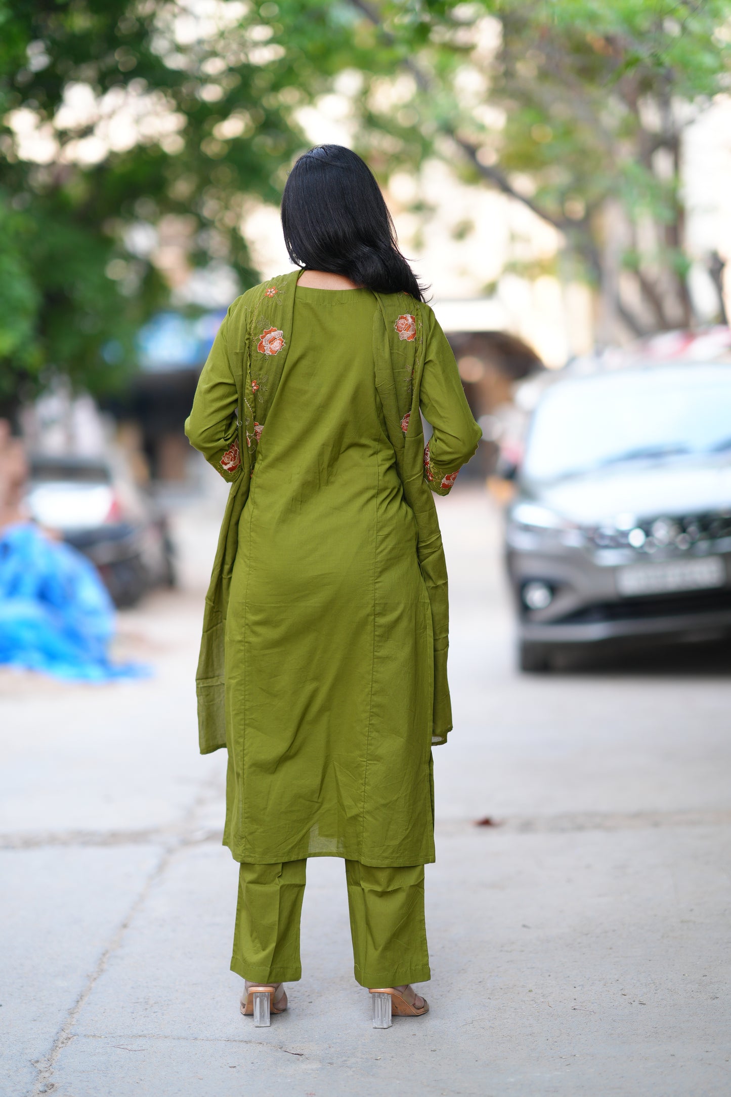 Green Jaipur Cotton with Lace on Neck and Kurta and Heavy Embroidery on Sleeves