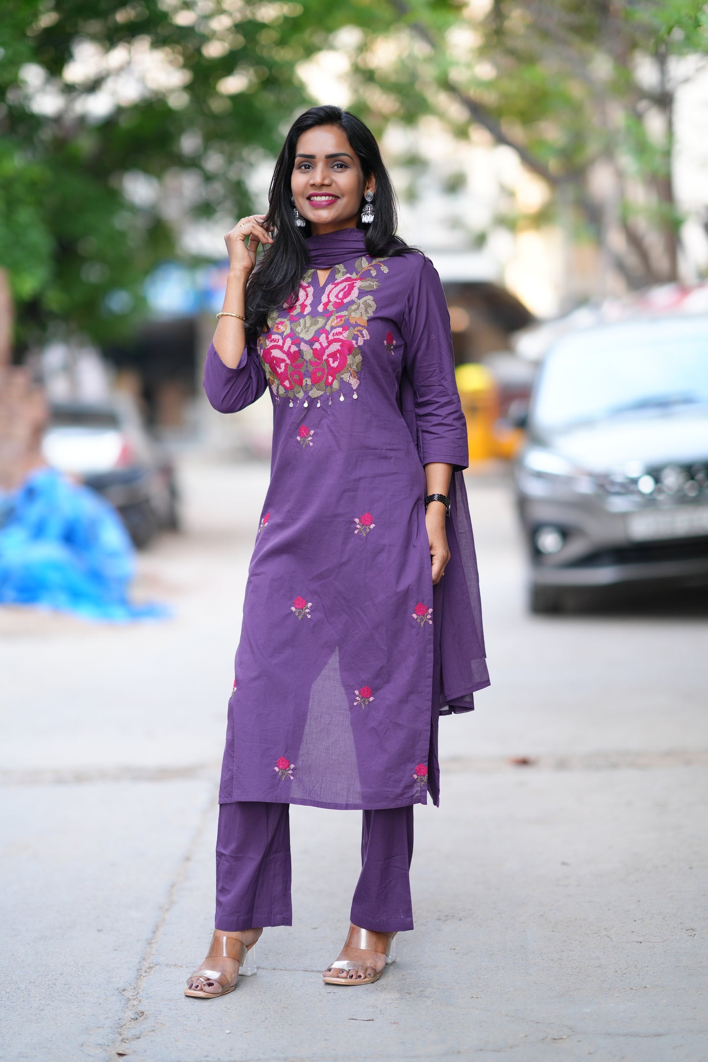 Purple Color Jaipuri Cotton 3 Piece Set With Thread EMbroidery Work