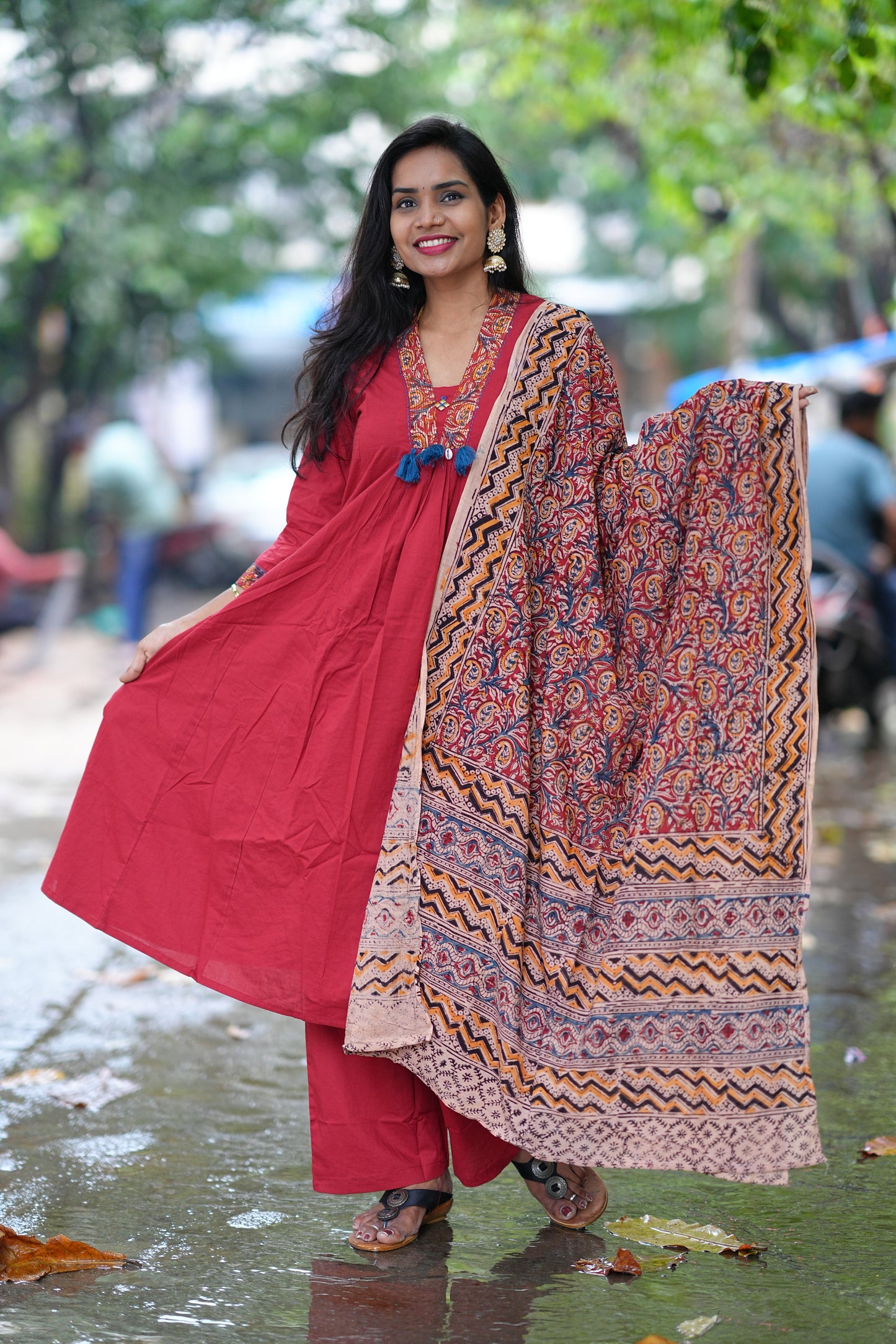 Red Color Jaipur Cotton Anarkali Pattern V Neck With Kalamkari Dupatta