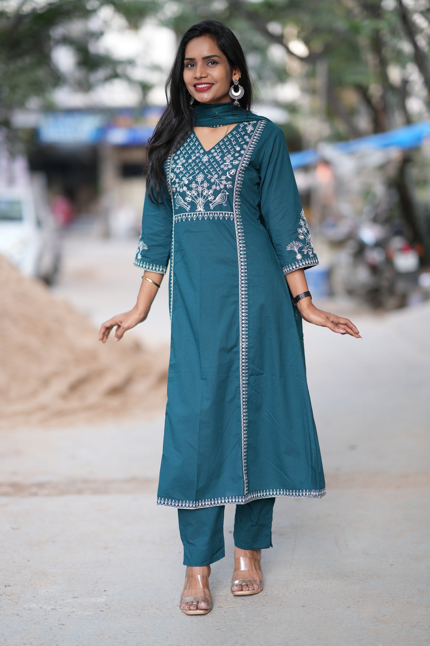 Russian Green Color Jaipuri Cotton 3 Piece Set With Thread Embroidery Work