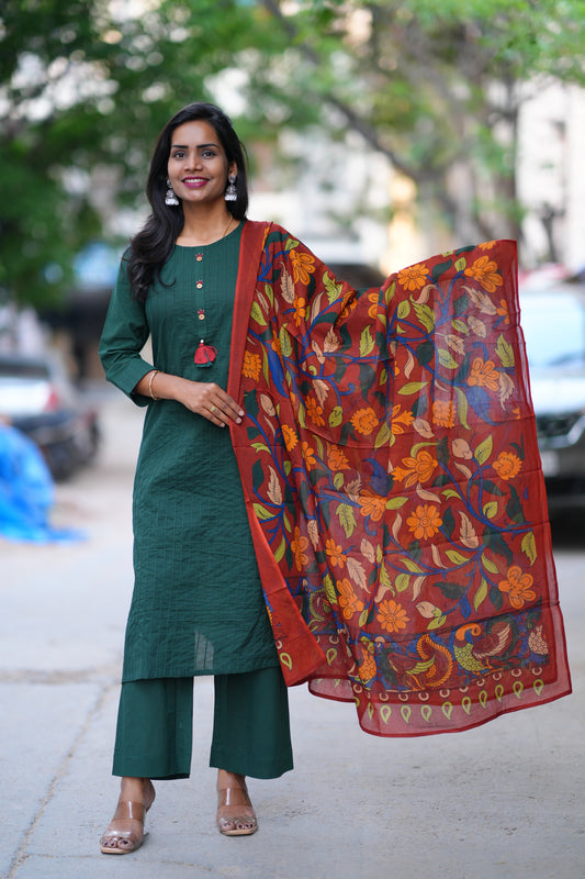 Emerald Green Pintax Cotton 3 Piece Set With Contrast Duppata