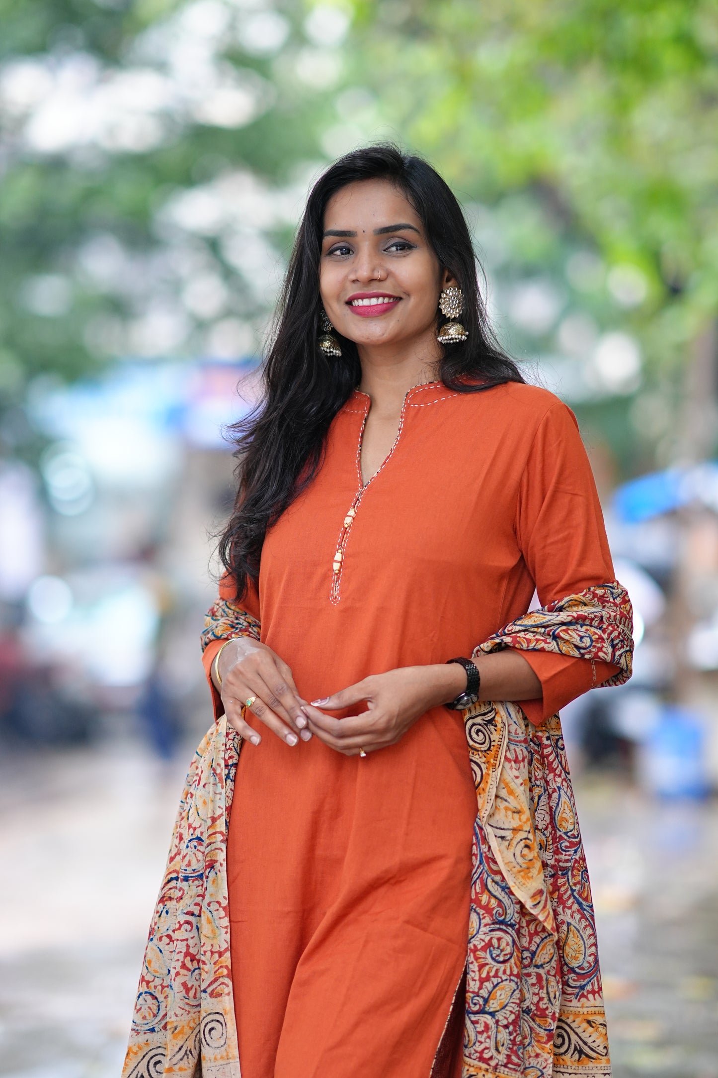 Orange Color Pure Jaipur Cotton Chinese Collar Straight Cut With Kalamkari Dupatta
