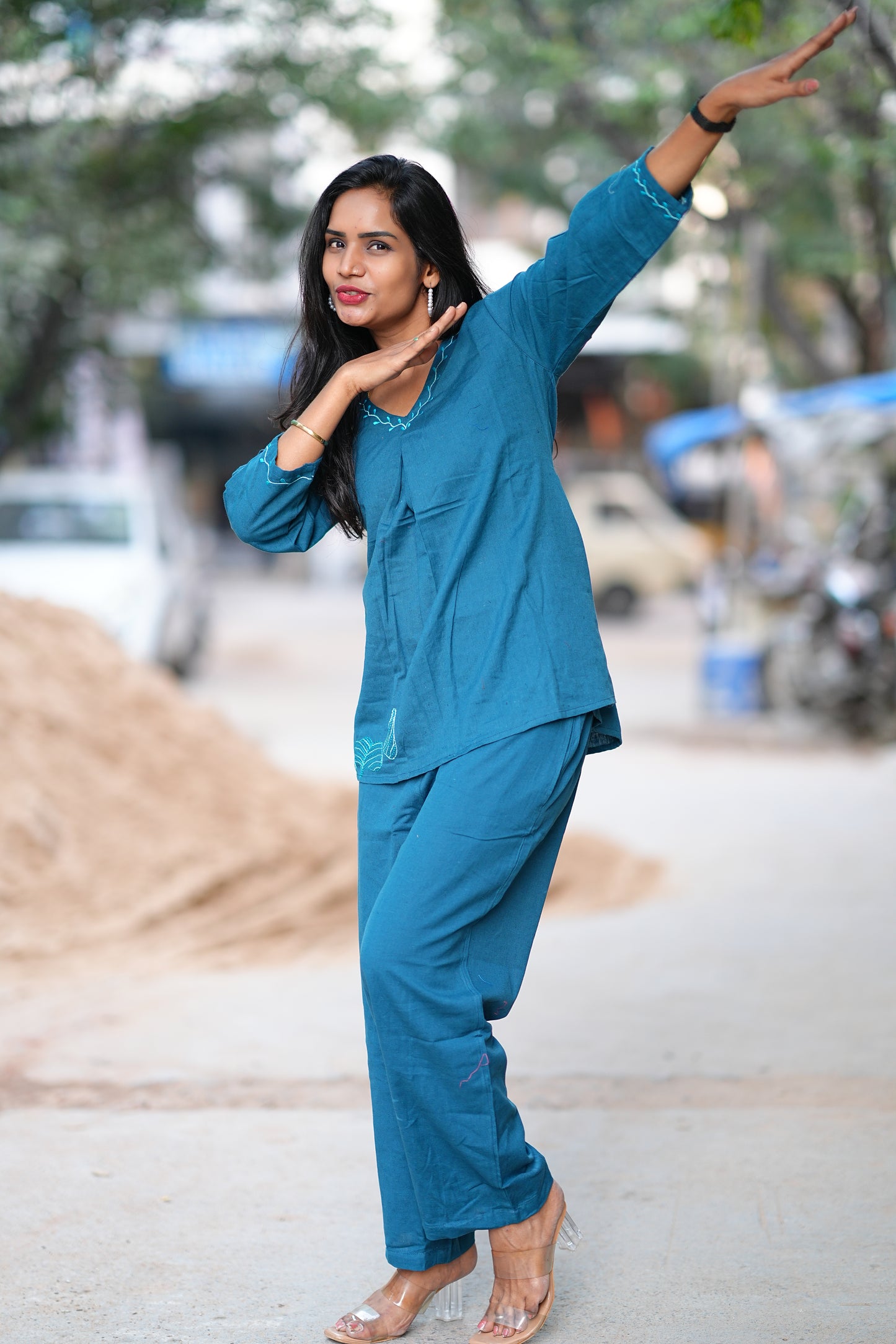 Russian Green Stylish Office Wear Coord Set With Embroidery Work