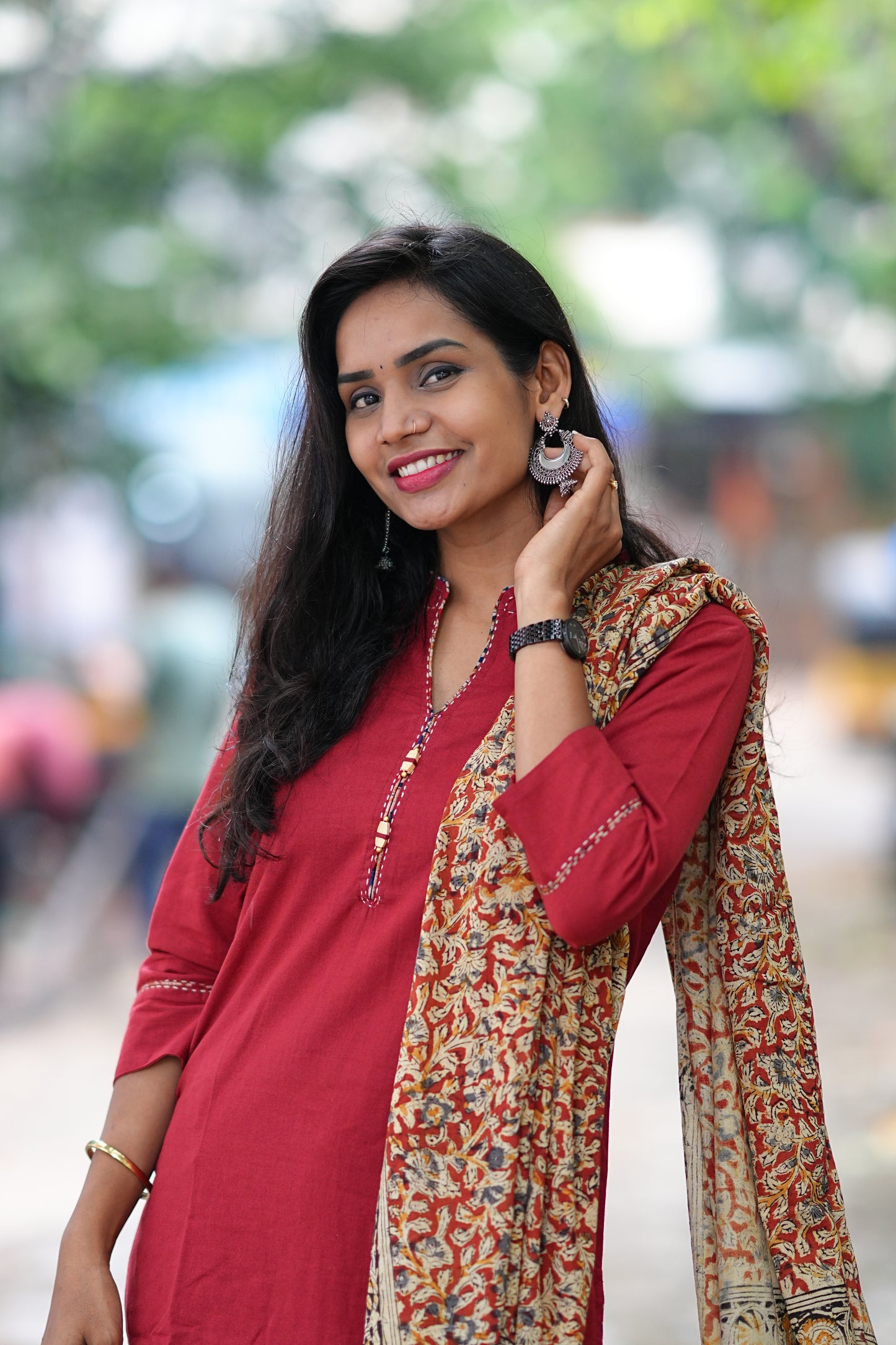 Red Color Pure Jaipur Cotton Chinese Collar Straight Cut With Kalamkari Dupatta