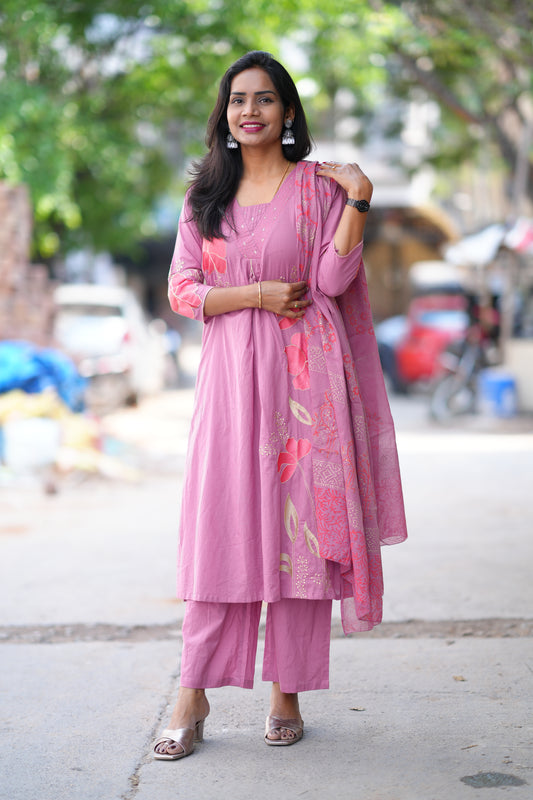 Onion Pink Color Jaipur Cotton 3 Piece Set With Applique Work