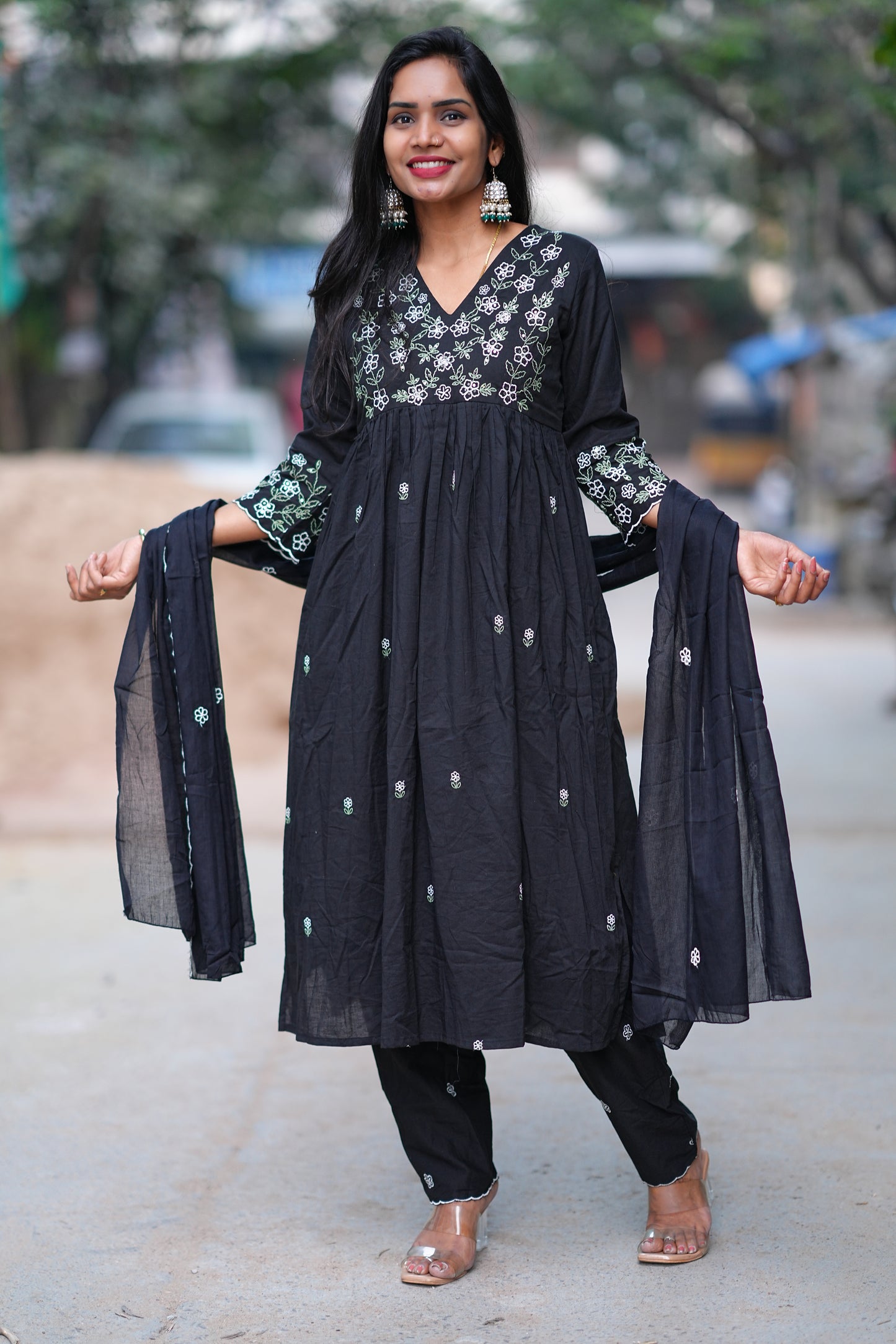 Black Color Jaipur Cotton 3 Piece Set With Embroidery work and Complete Lining