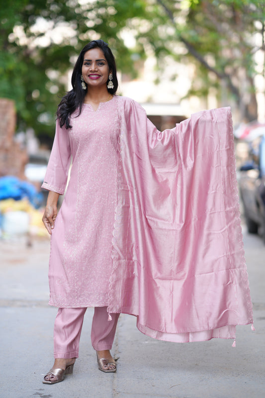 Dusty Rose Color viscose Fabric Party Wear 3 Piece Set