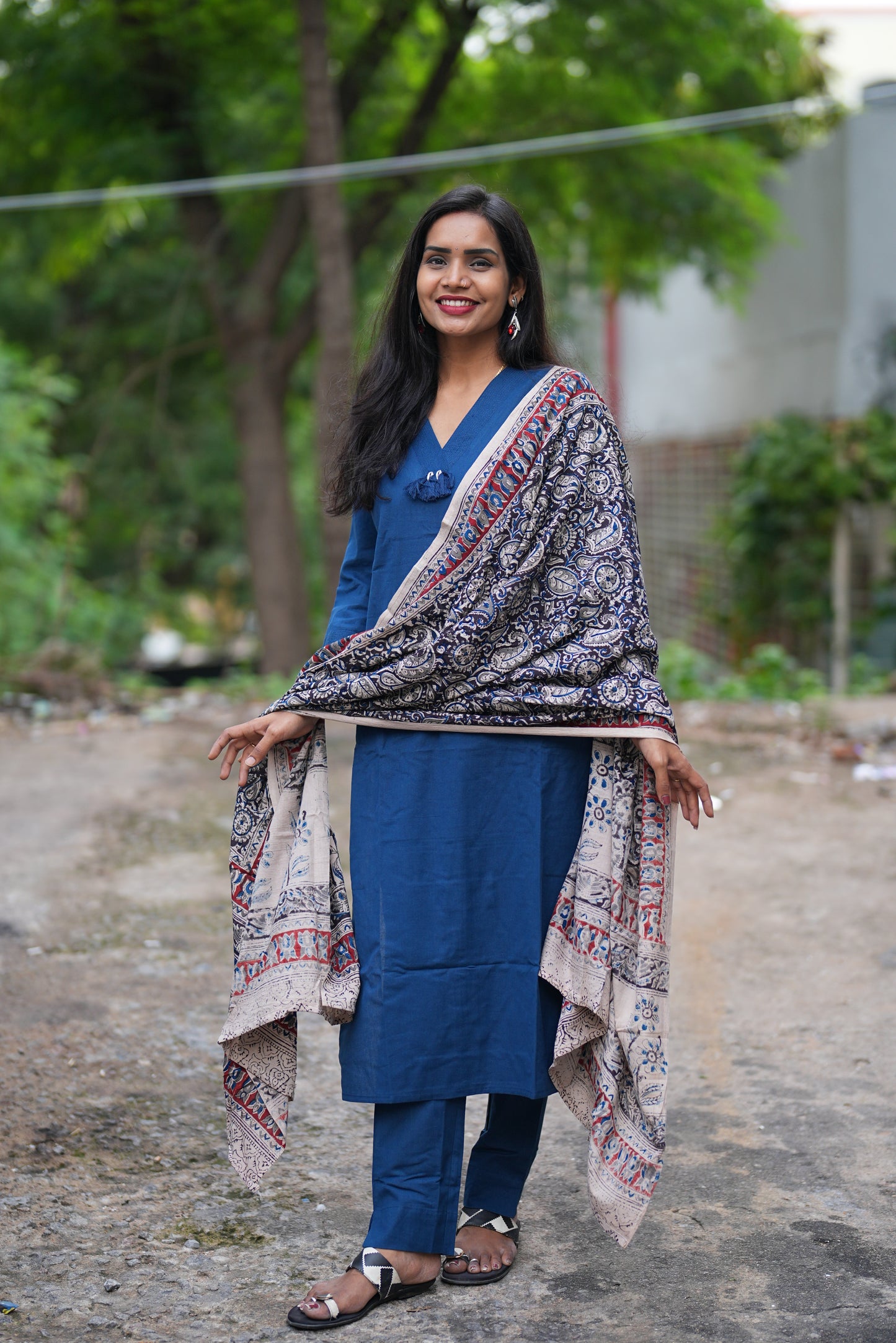 Blue Color Pure Jaipur Cotton V Neck With Tassels Straight Cut With Kalamkari Dupatta