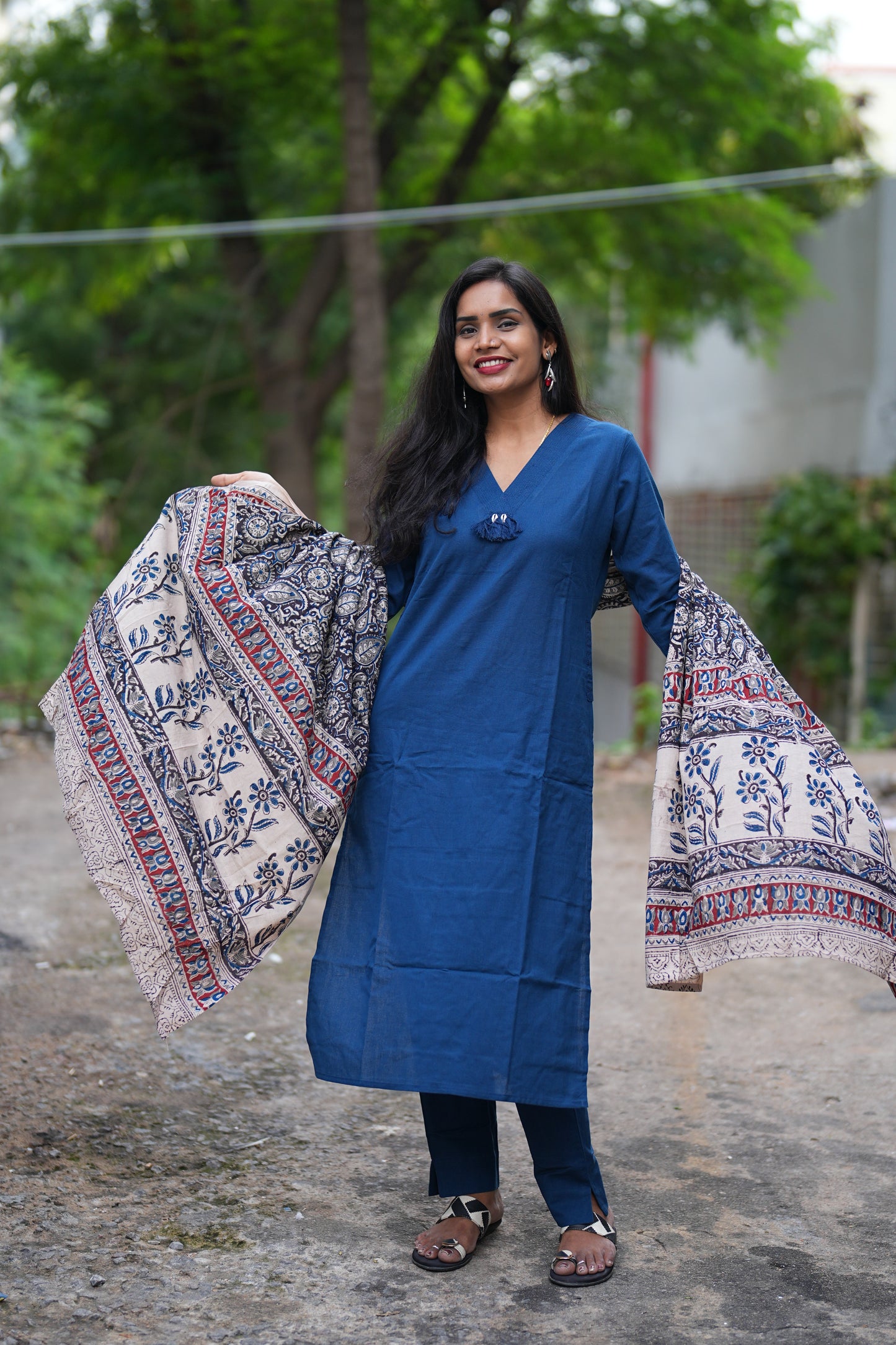 Blue Color Pure Jaipur Cotton V Neck With Tassels Straight Cut With Kalamkari Dupatta