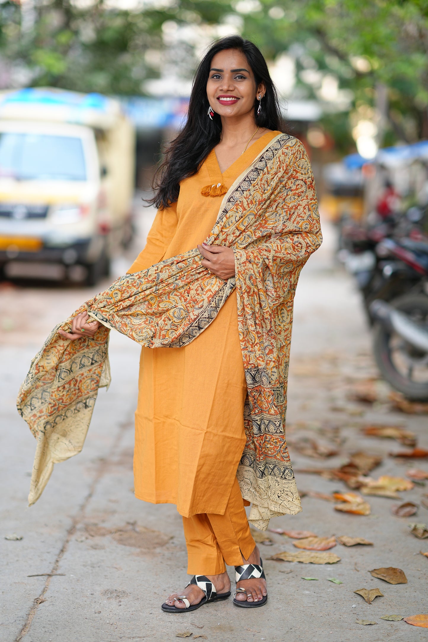 Yellow Color Pure Jaipur Cotton V Neck With Tassels Straight Cut With Kalamkari Dupatta