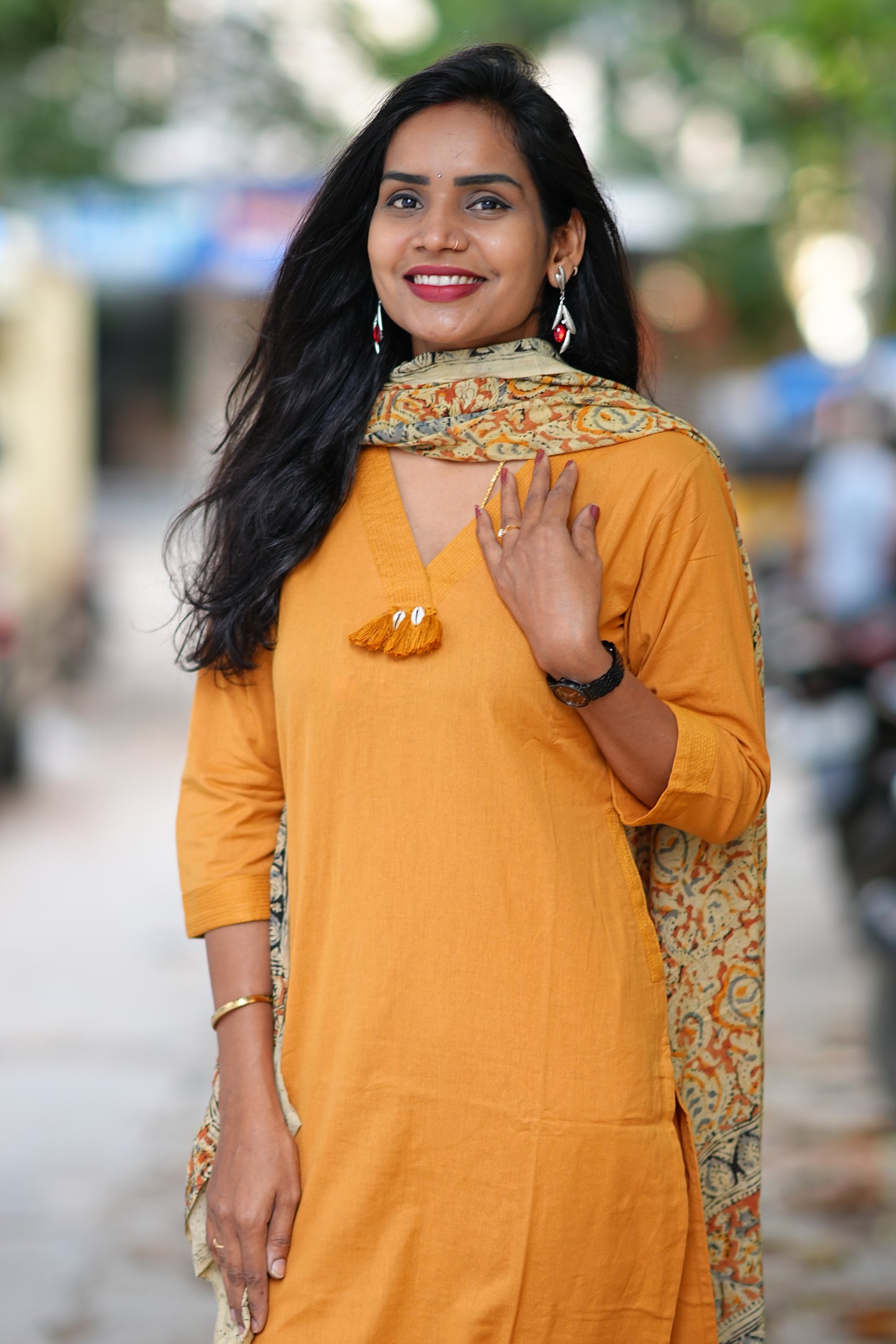 Yellow Color Pure Jaipur Cotton V Neck With Tassels Straight Cut With Kalamkari Dupatta