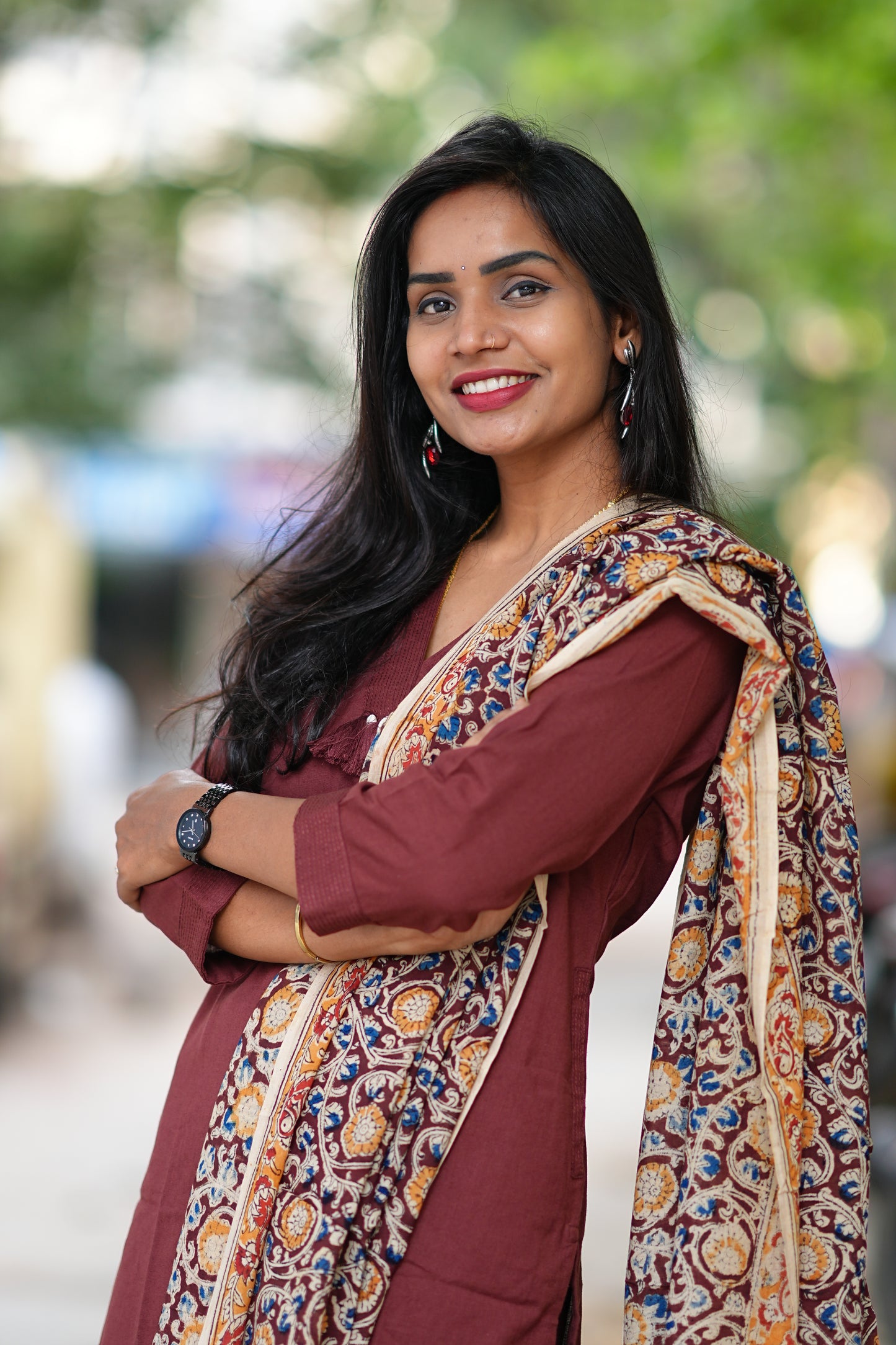 Brown Color Pure Jaipur Cotton V Neck With Tassels Straight Cut With Kalamkari Dupatta