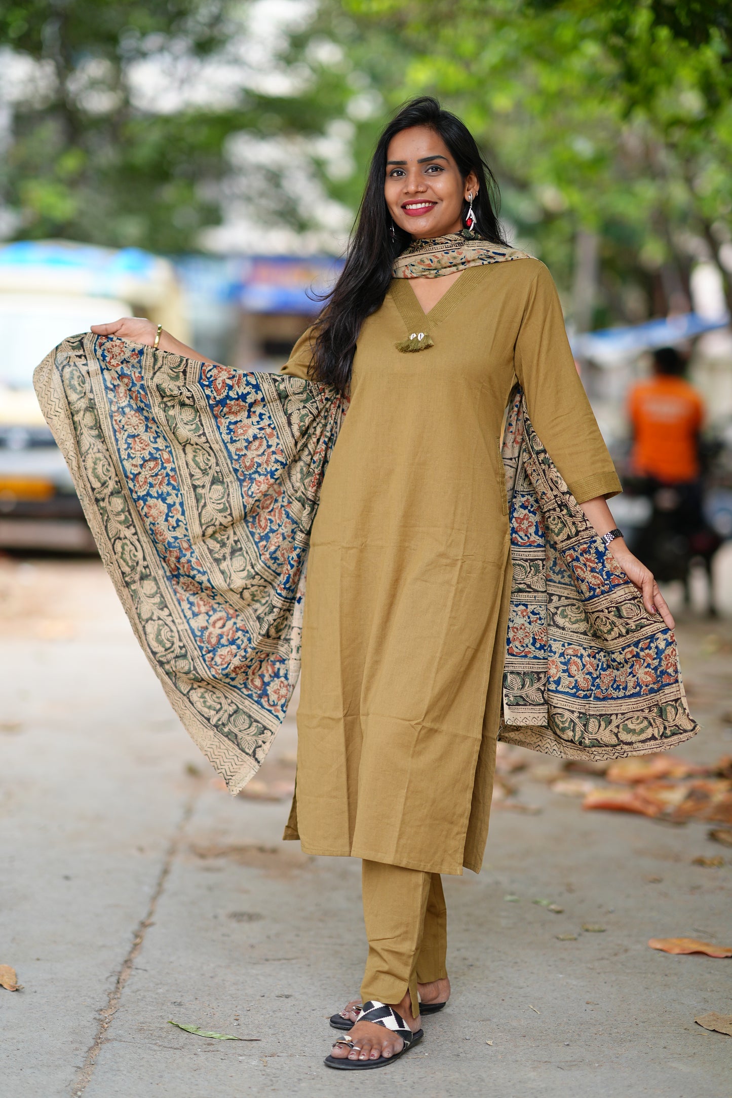Beige Color Pure Jaipur Cotton V Neck With Tassels Straight Cut With Kalamkari Dupatta
