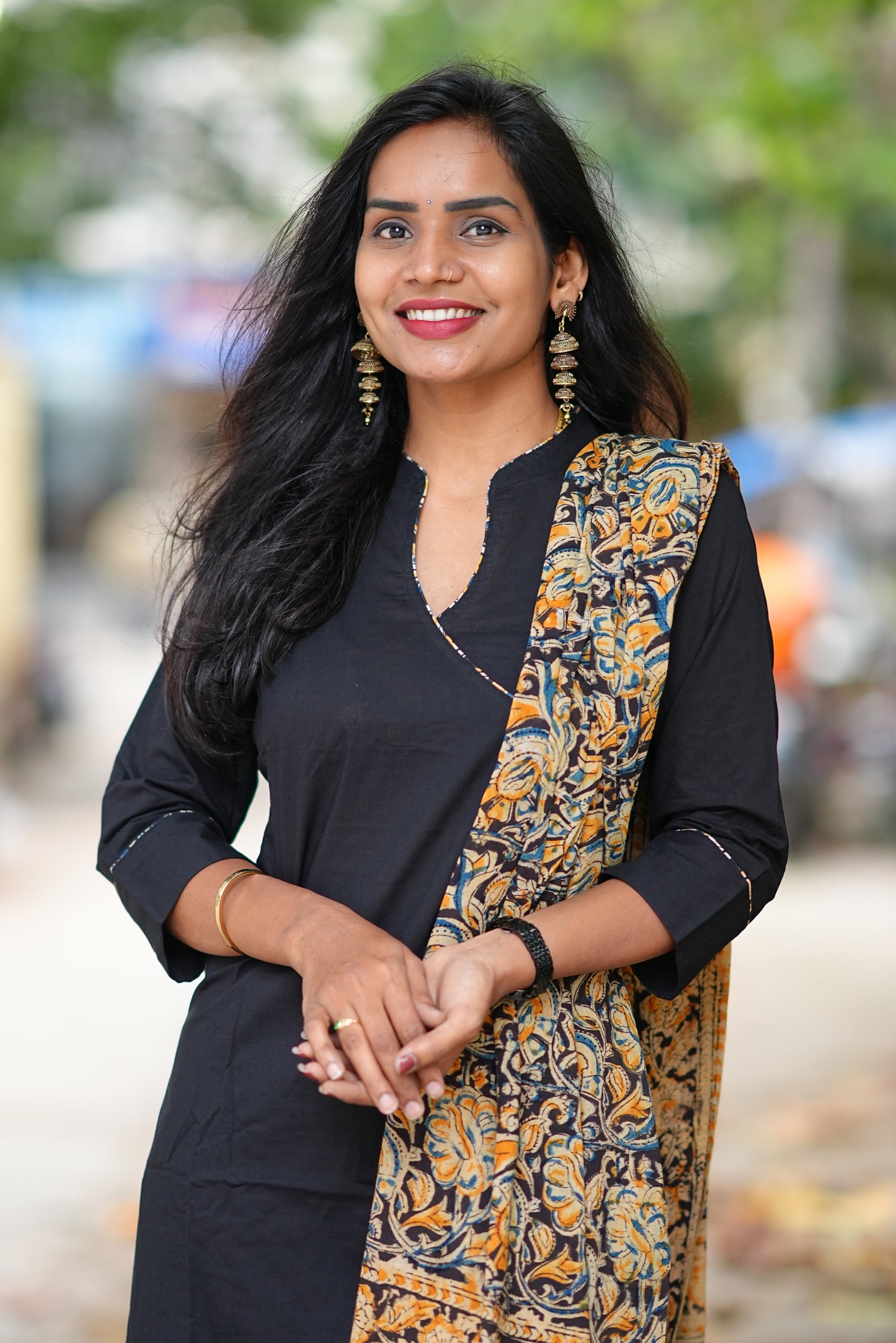 Black Color Pure Jaipur Cotton Collar Neck Side Button With Kalamkari Dupatta