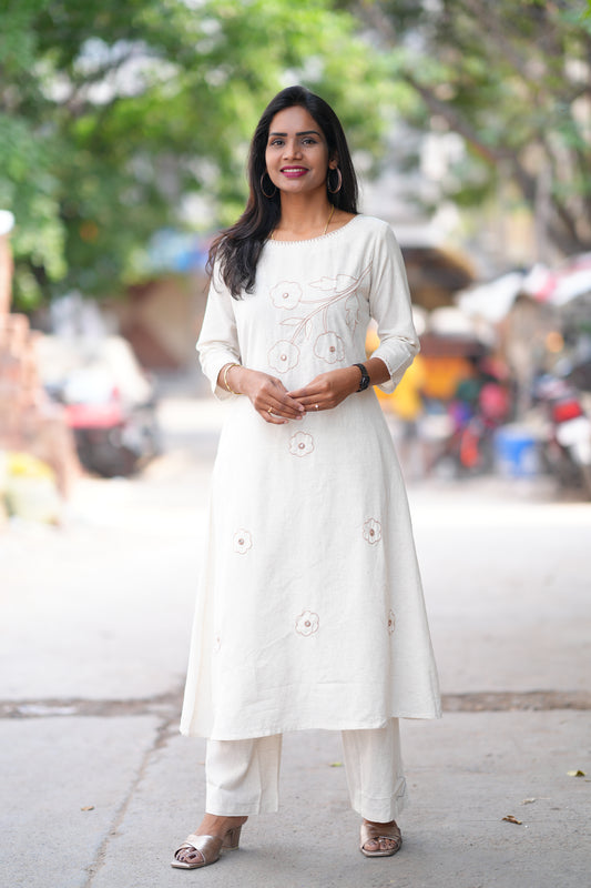 White Color Slub Cotton Office Wear Cord Set With Thread Work