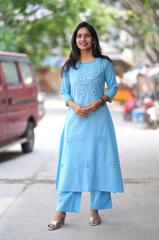 Sky Blue Color Slub Cotton Office Wear Cord Set With Thread Work