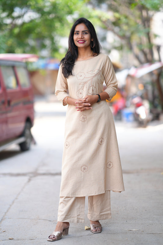 Beige Color Slub Cotton Office Wear Cord Set With Thread Work
