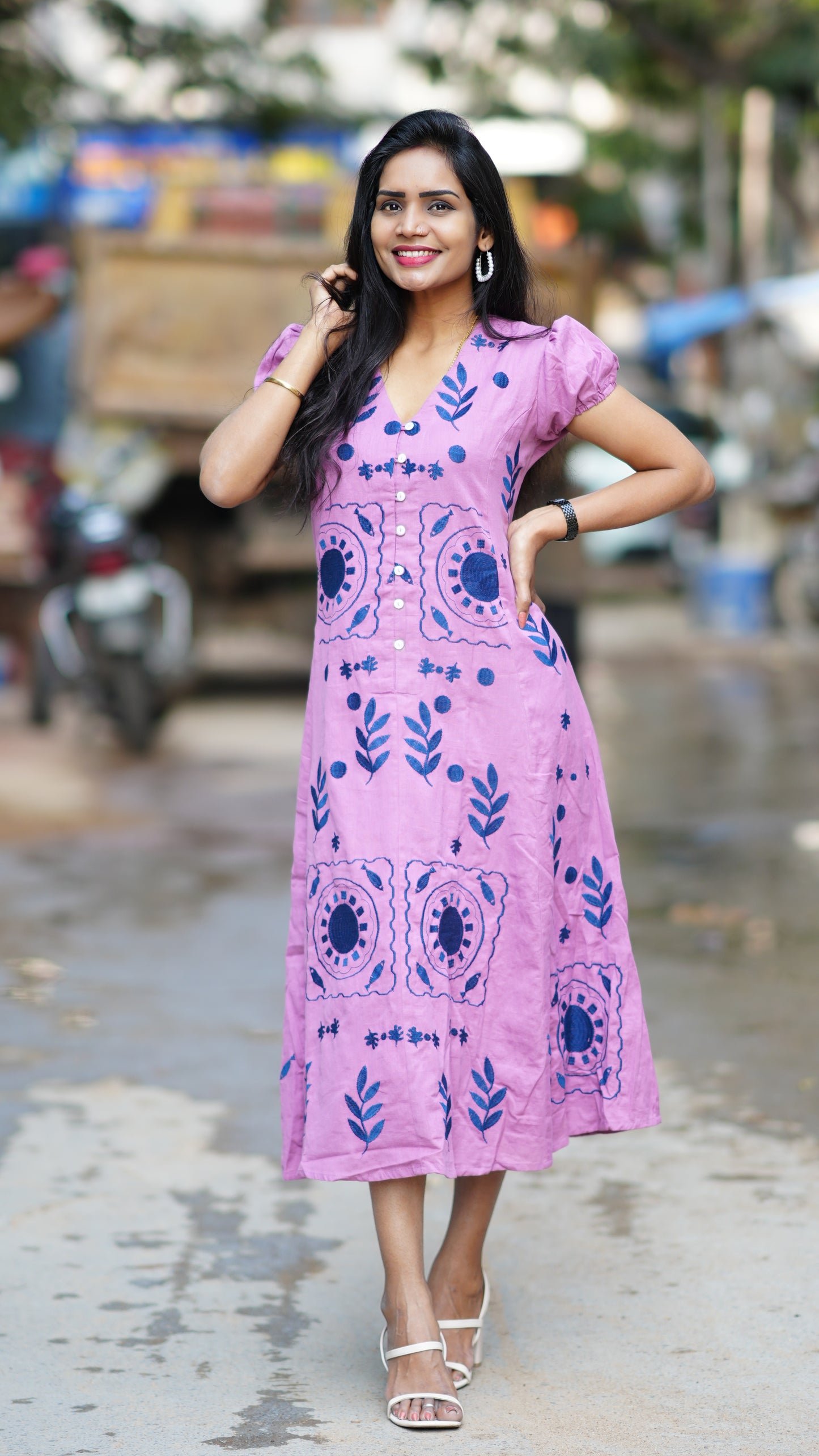 Light Purple Shade Premium Mul Cotton Frock With Hand Embroidery and Complete Lining
