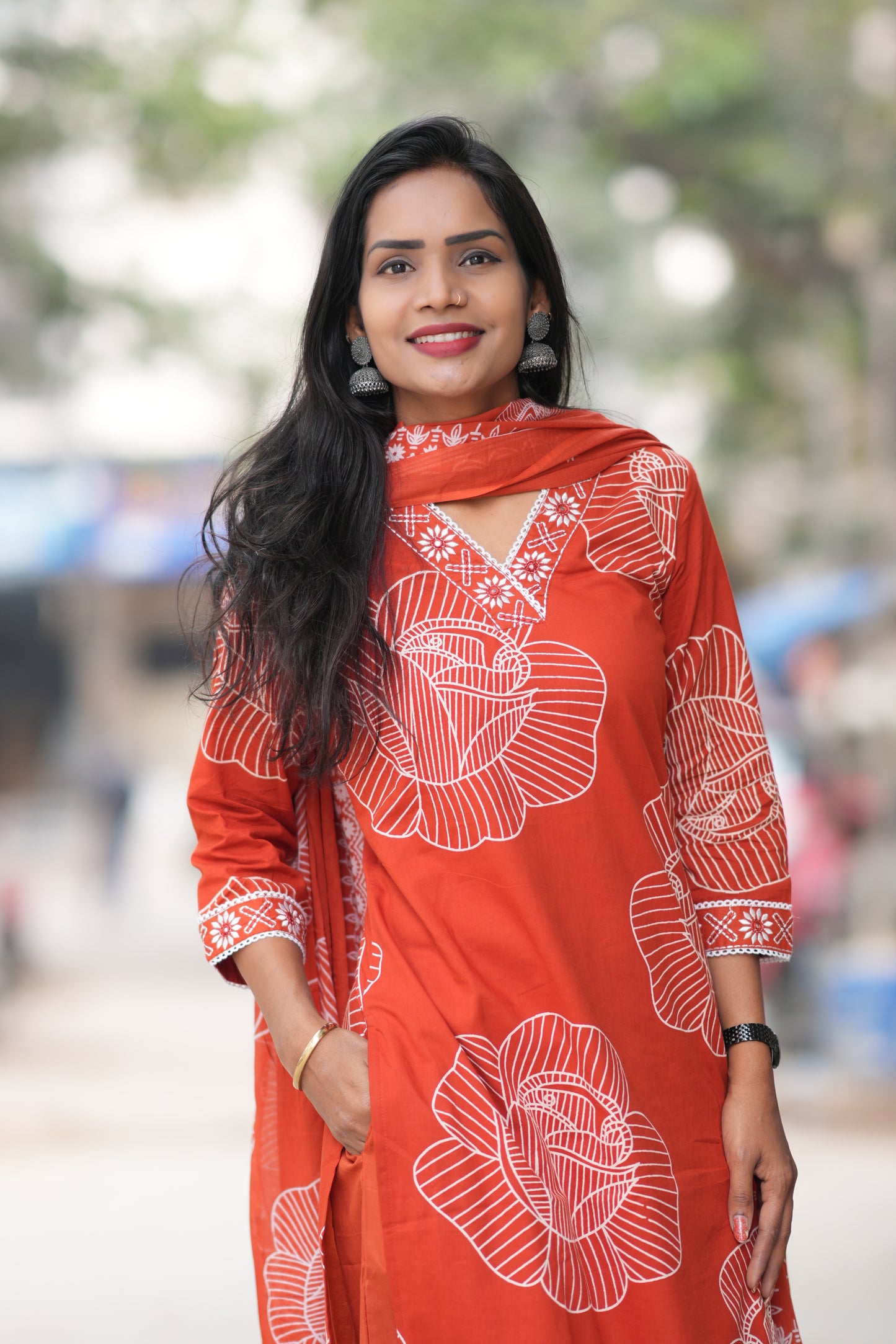 Rusty Orange Red Color Office Wear Jaipur Cotton 3 Piece Set With Complete Lining