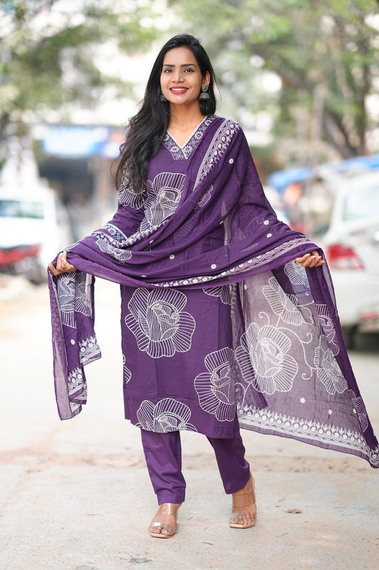 Plum Color Office Wear Jaipur Cotton 3 Piece Set With Complete Lining