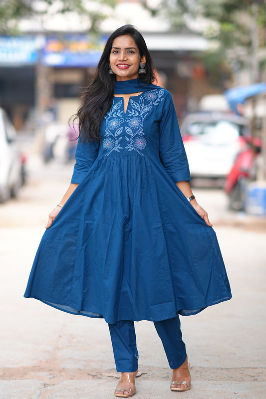 Mid Night Blue Thread Embriodary 92.5 jaipur Cotton A Line Plus Size 3 Piece Set