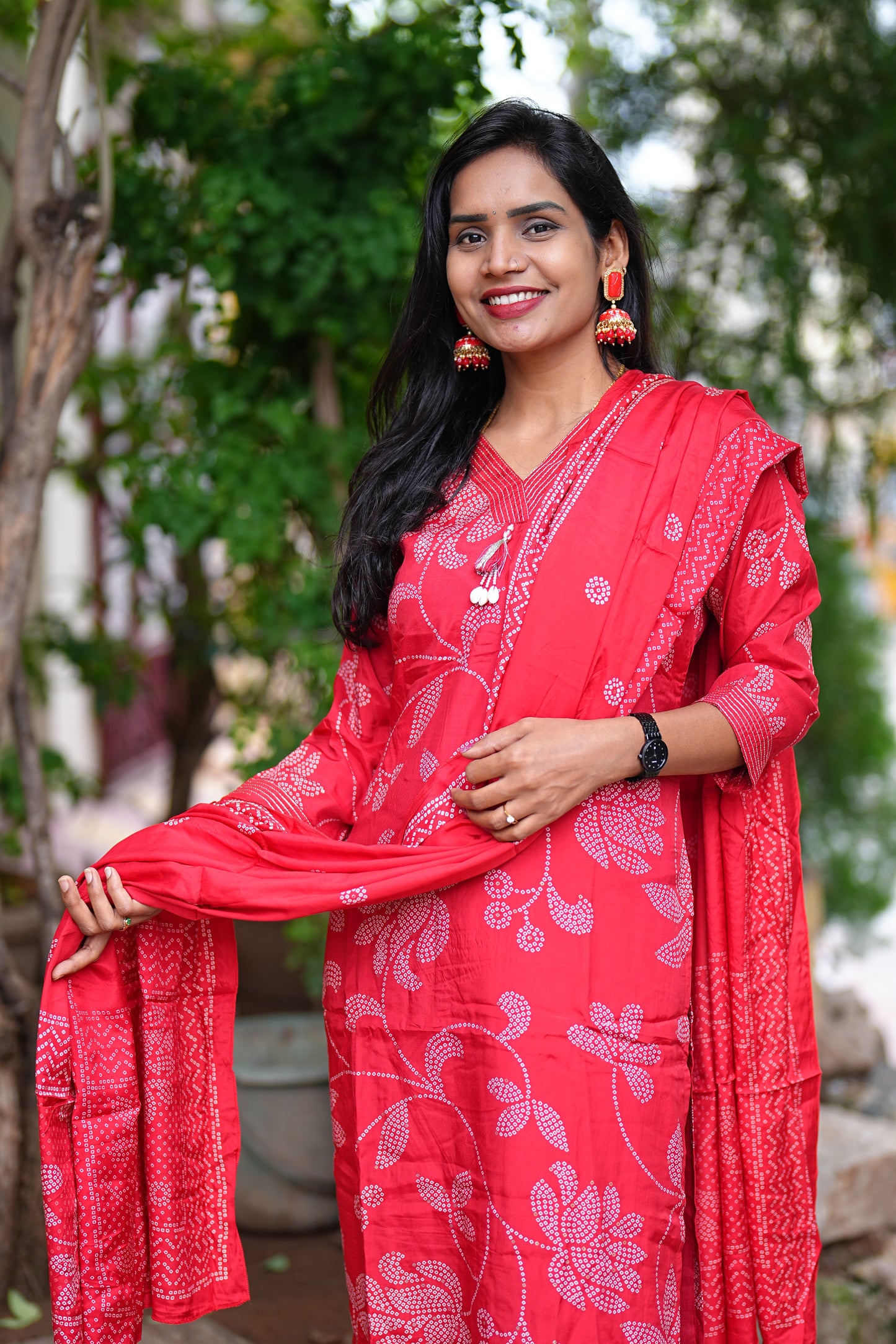 Red Viscose Chinon Silk 3 Piece Set With Complete Lining