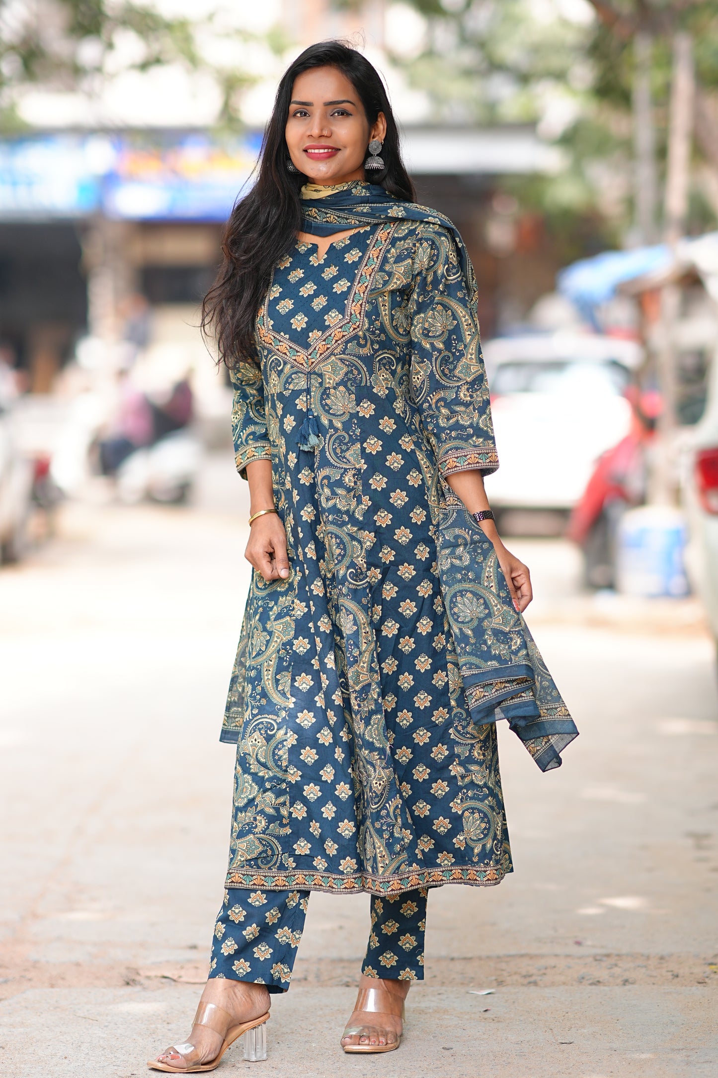 Blue Color Jaipur Cotton Anarkali 3 Piece Set