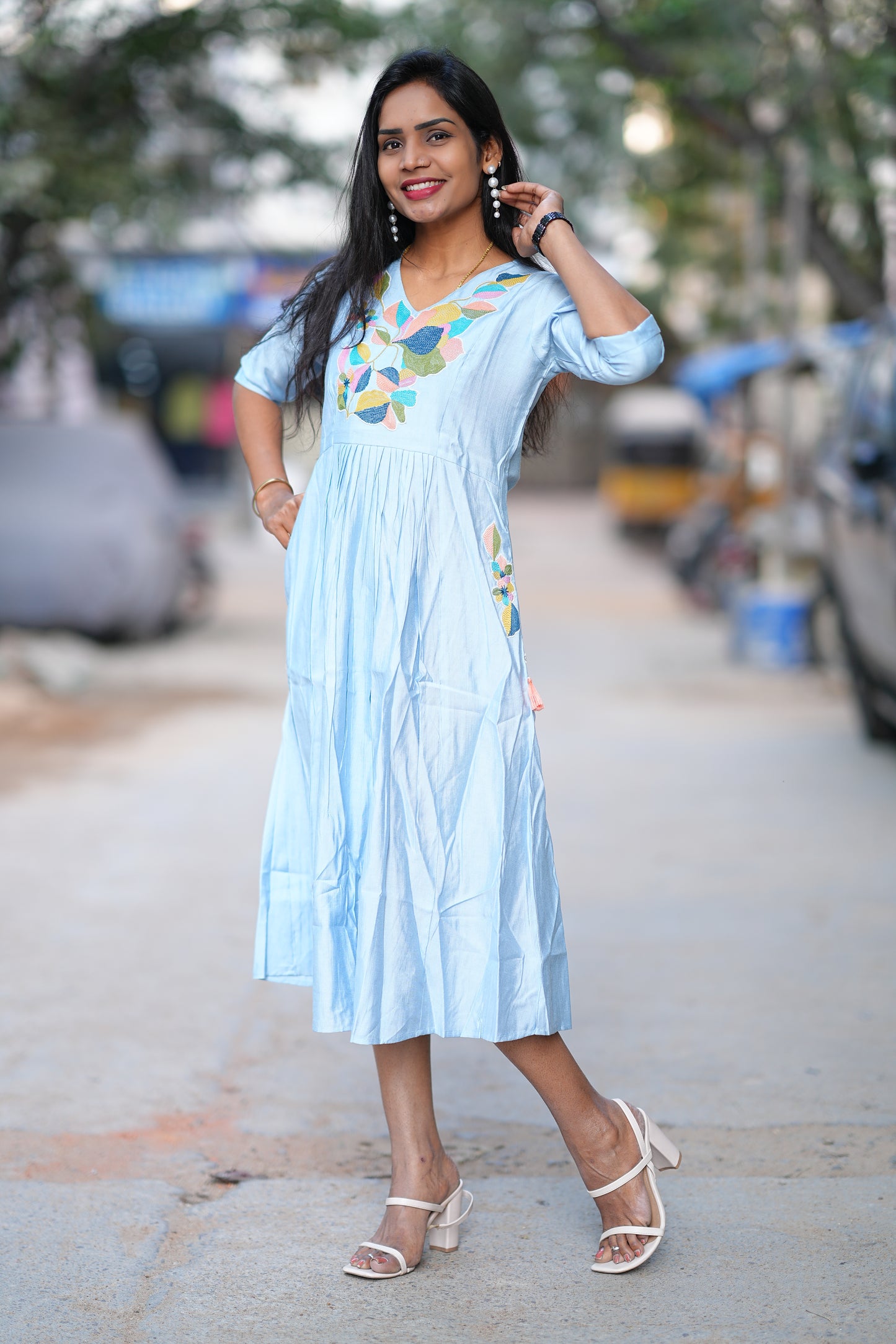 Sky Blue Viscose Party Wear Frock With Embroidery work