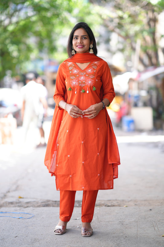 Orange Color Jaipur Cotton 3 piece Set With Embroidery Work and Complete Lining