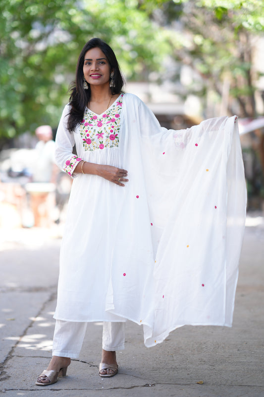 White Color Jaipur Cotton 3 Piece Set With Thread Work and Complete Lining