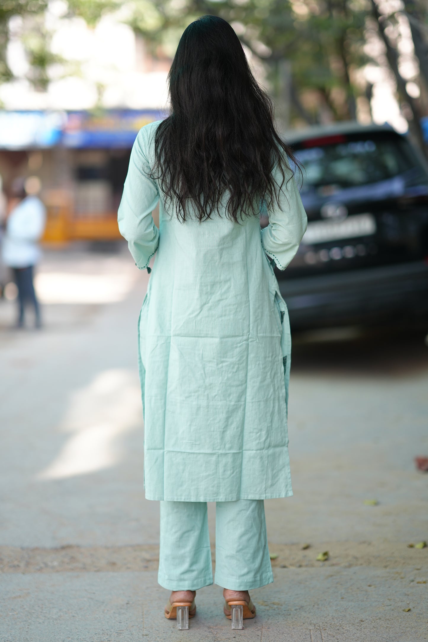 Mint Green Designer Wear cord set in Flex Cotton With Embroidered Work