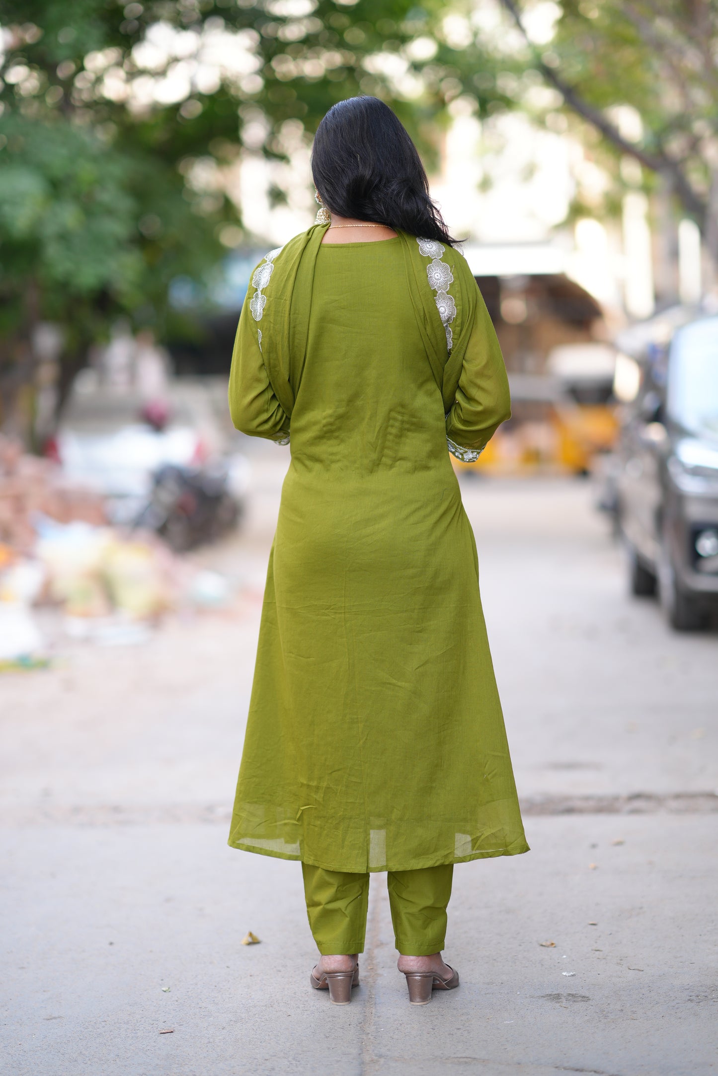 Green Color Mul Cotton Designer 3 Piece Set With Complete Lining