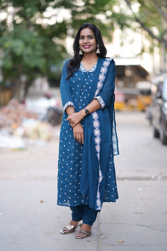 Peacock Blue Mul Cotton Designer 3 Piece Set With Complete Lining