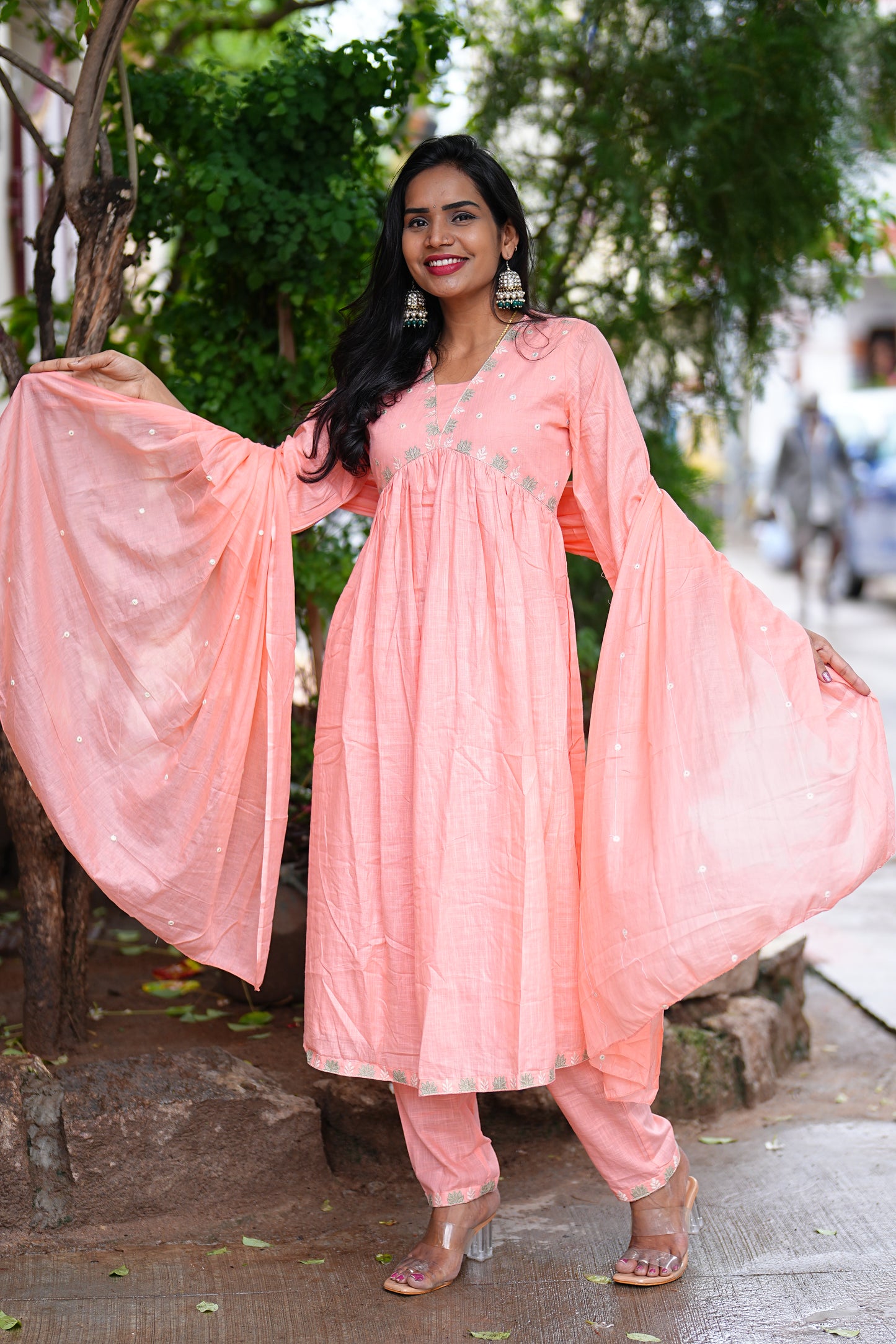 Peach Color Pure Slub Cotton With Lining 3 Piece Set