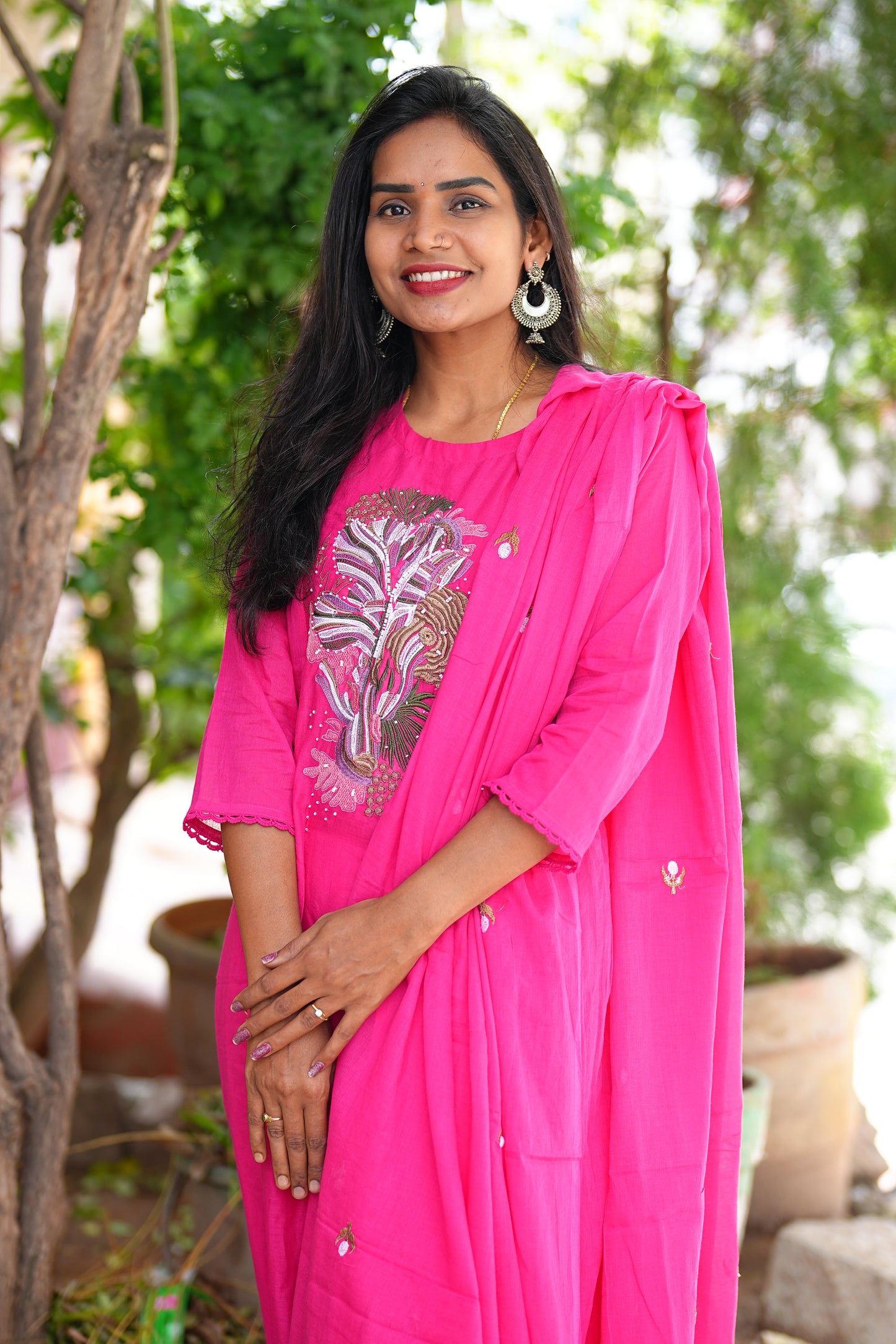 Rani Pink Color Pure Mul Cotton Embroidery Design 3 Piece Set With Complete Lining