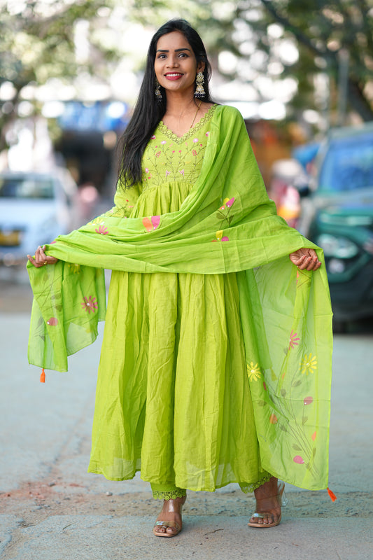 Parrot Green Colour Mul Cotton anarkali 3 Piece Set With Complete Lining