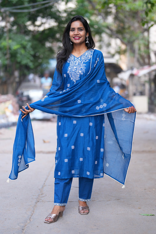 Blue Color Viscose Fabric Designer Wear 3 piece Set