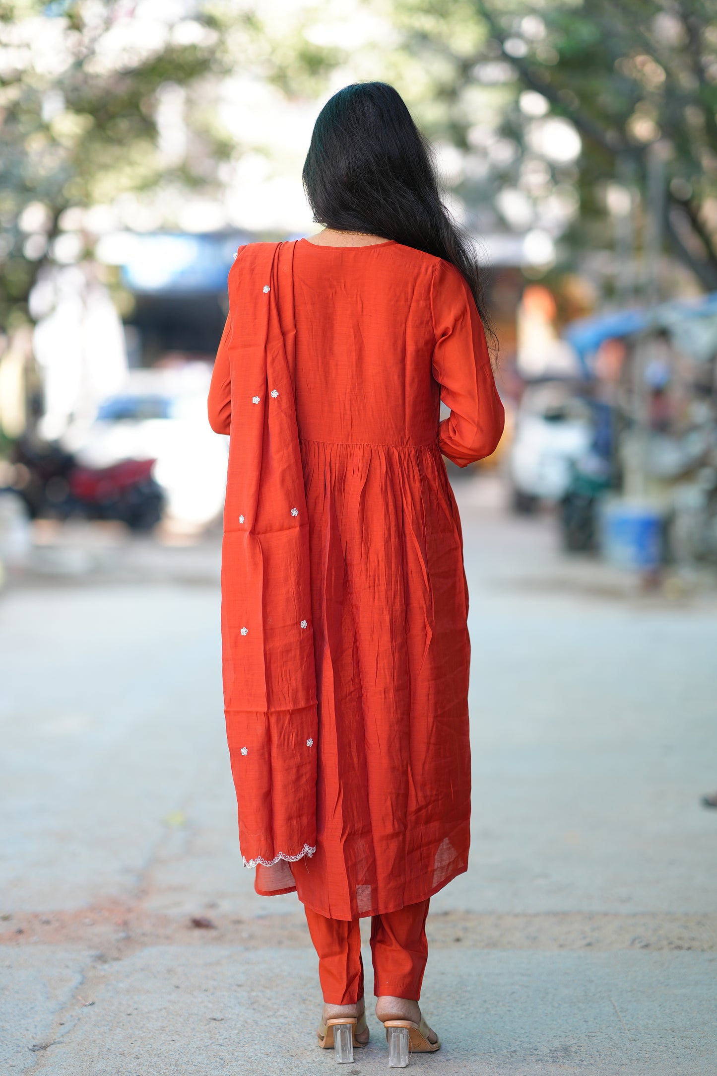 Brick Orange Color Mul chander 3 Piece Set With Complete Lining