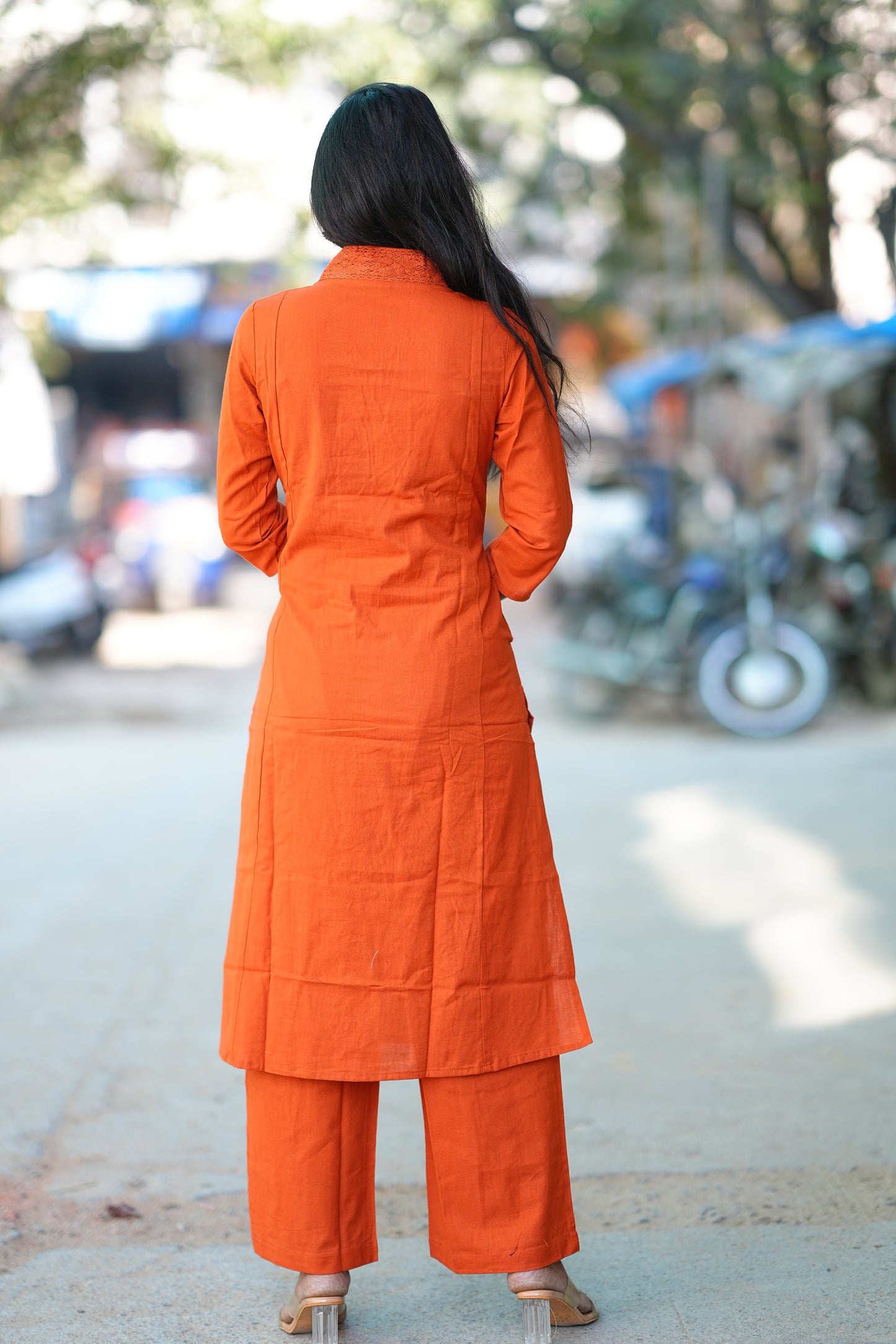 Orange Color Slub Cotton Office Wear Coord Set With Thread Embroidery work