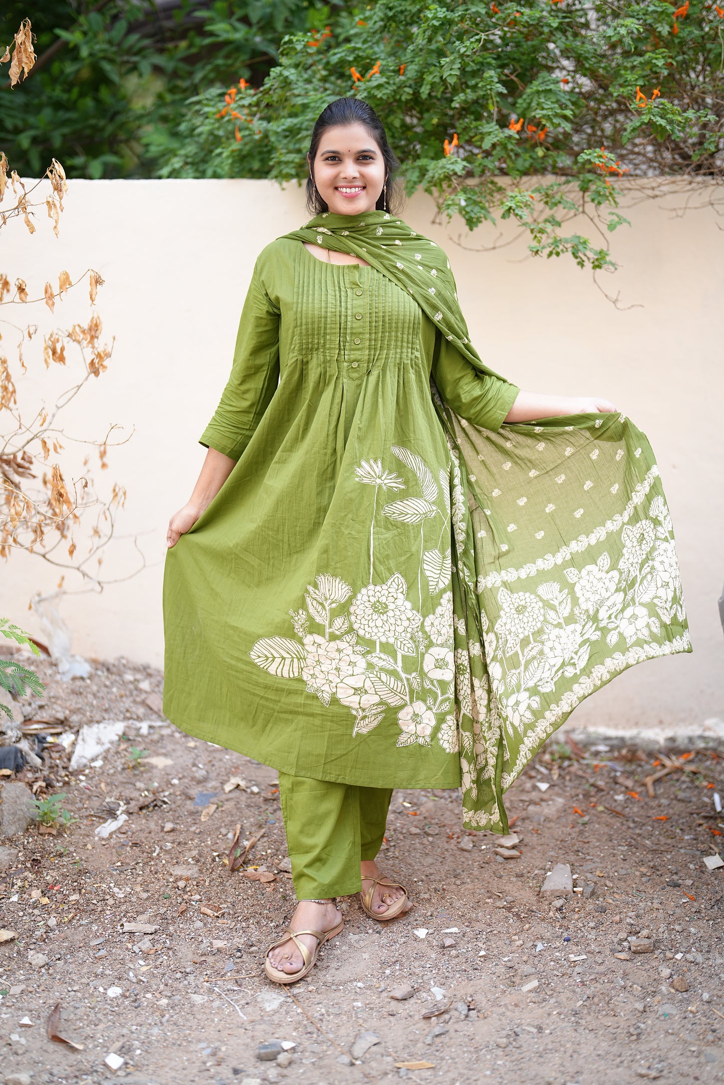 Beautiful Jaipur Cotton Green Color A Line Three Piece Set