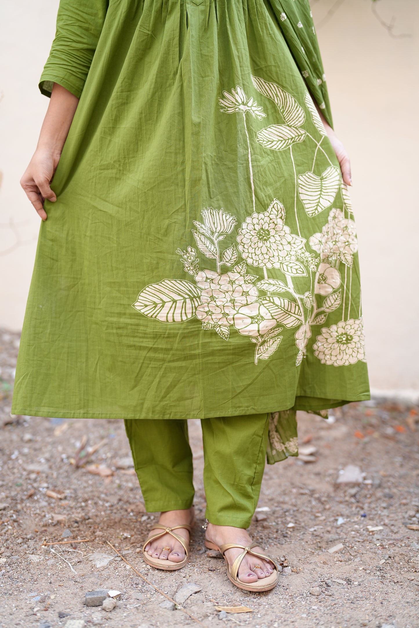Beautiful Jaipur Cotton Green Color A Line Three Piece Set
