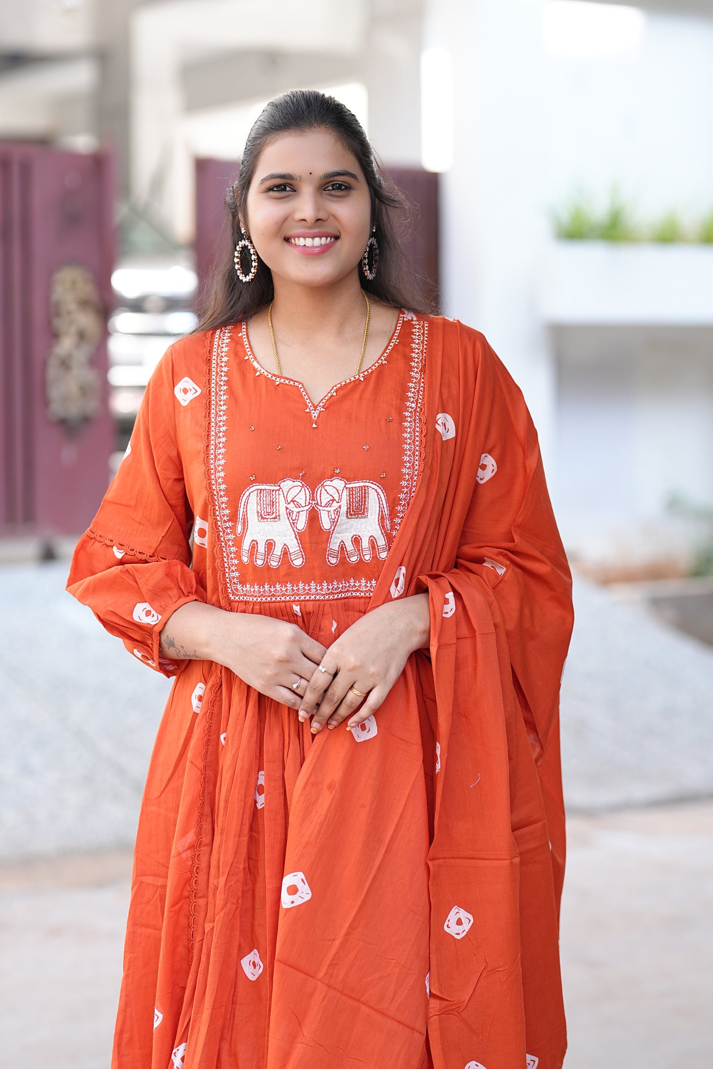 Beautiful Orange Mul Mul Cotton Elephant Work Three Piece Set With Complete Lining