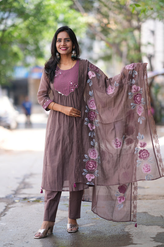 Brown Color viscose Fabric Party Wear 3 Piece Set with Heavy Dupatta